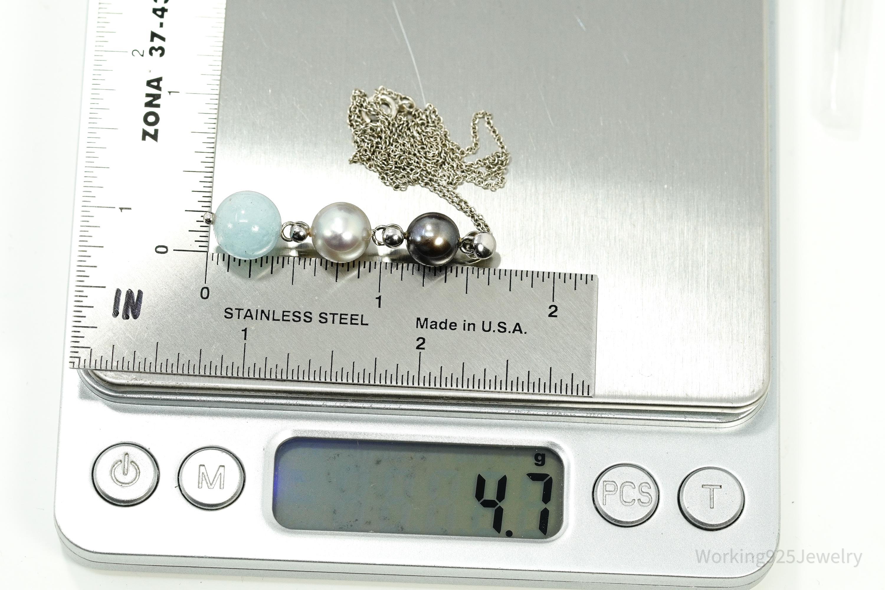 Vintage Pearl & Aquamarine Sterling Silver Necklace 18"