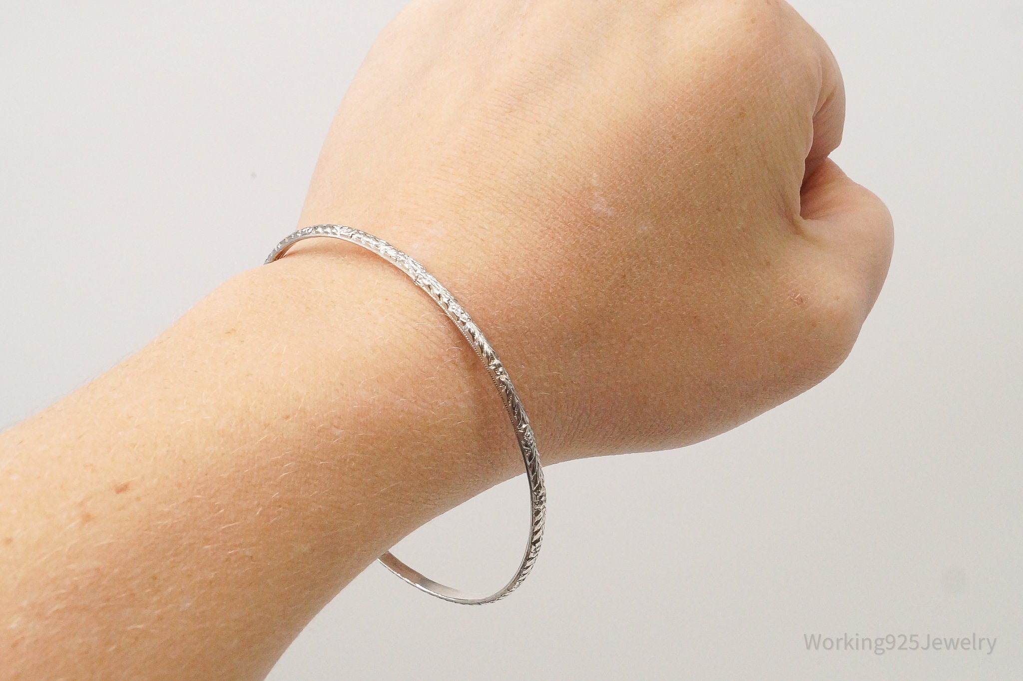 Antique Sterling Silver Flowers Floral Bangle Bracelet