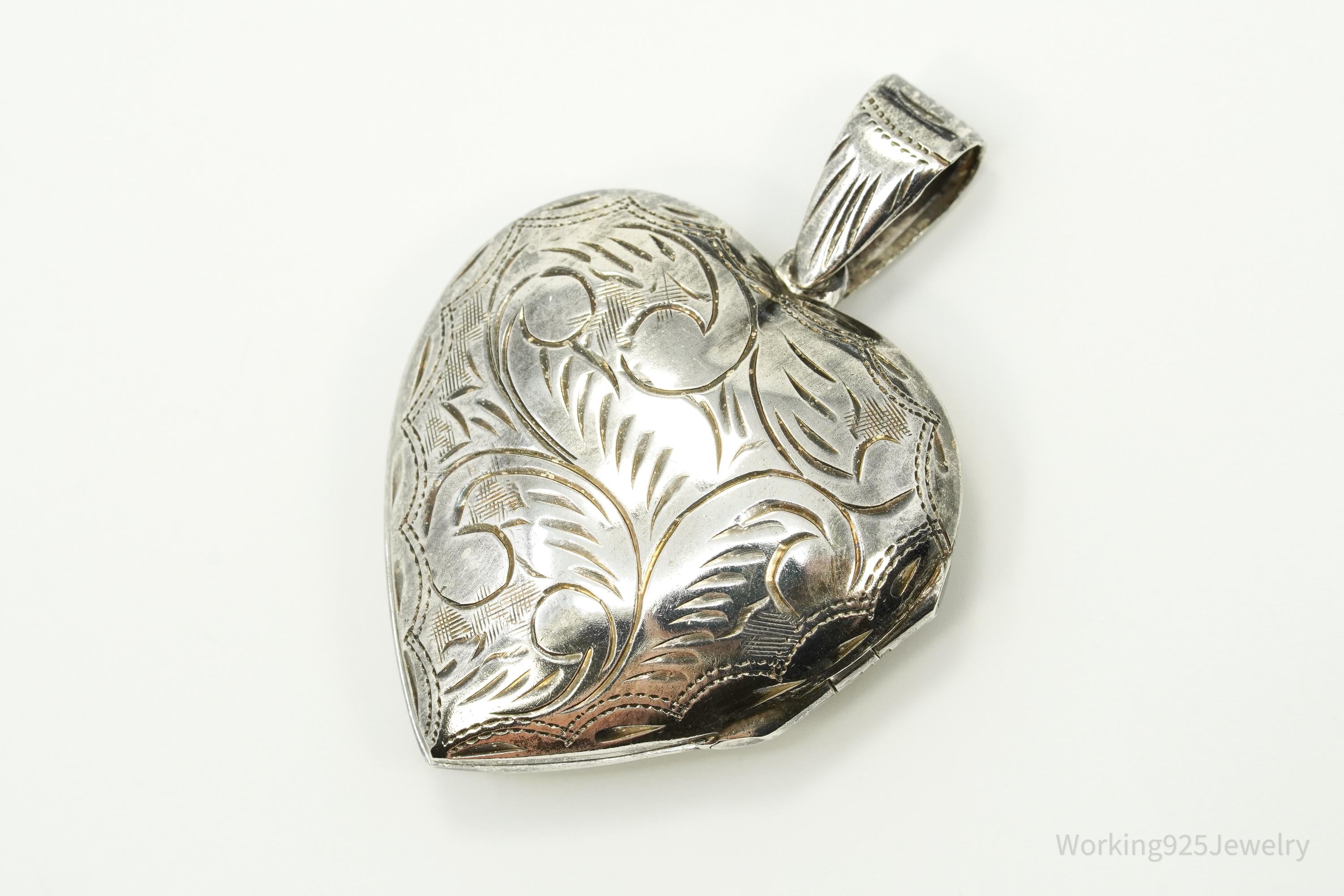 Vintage Etched Floral Heart Picture Locket Sterling Silver Pendant