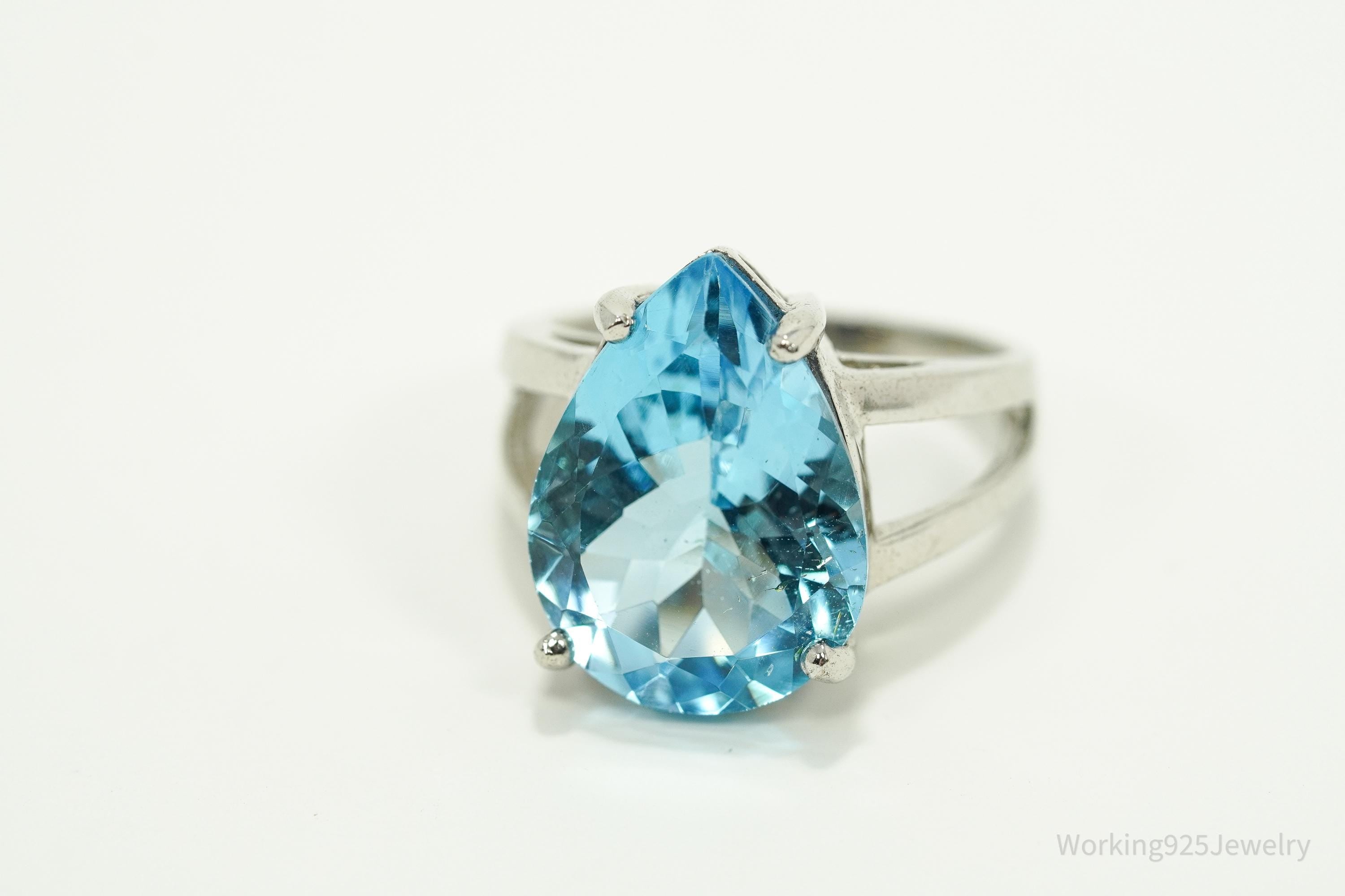 Vintage Large Blue Topaz Sterling Silver Ring - Size 7