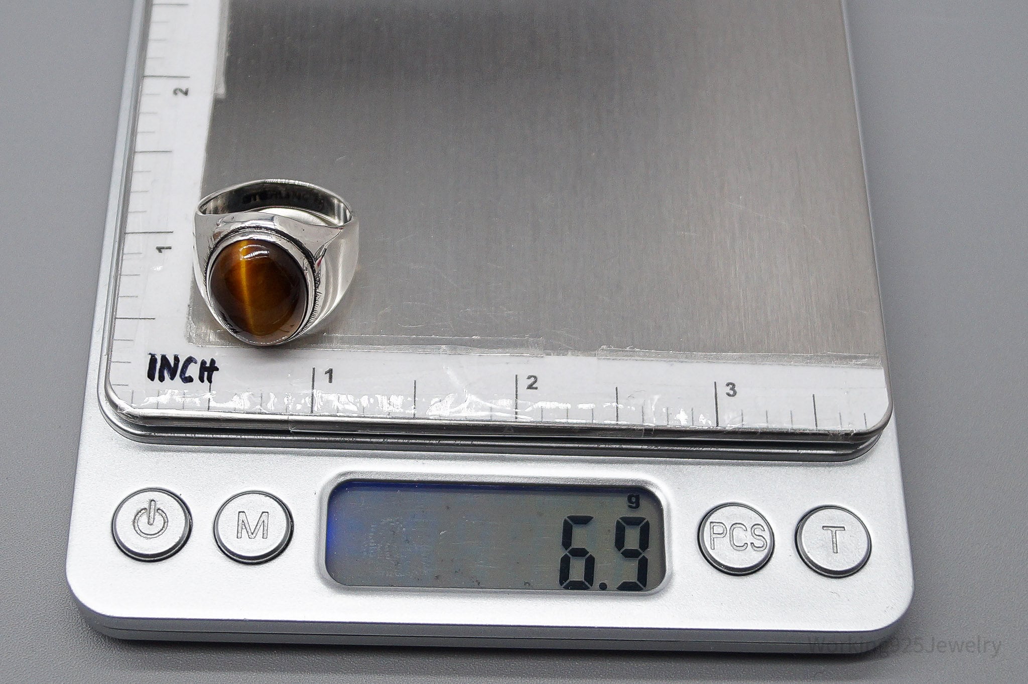 Antique Large Tigers Eye Sterling Silver Ring - Size 8