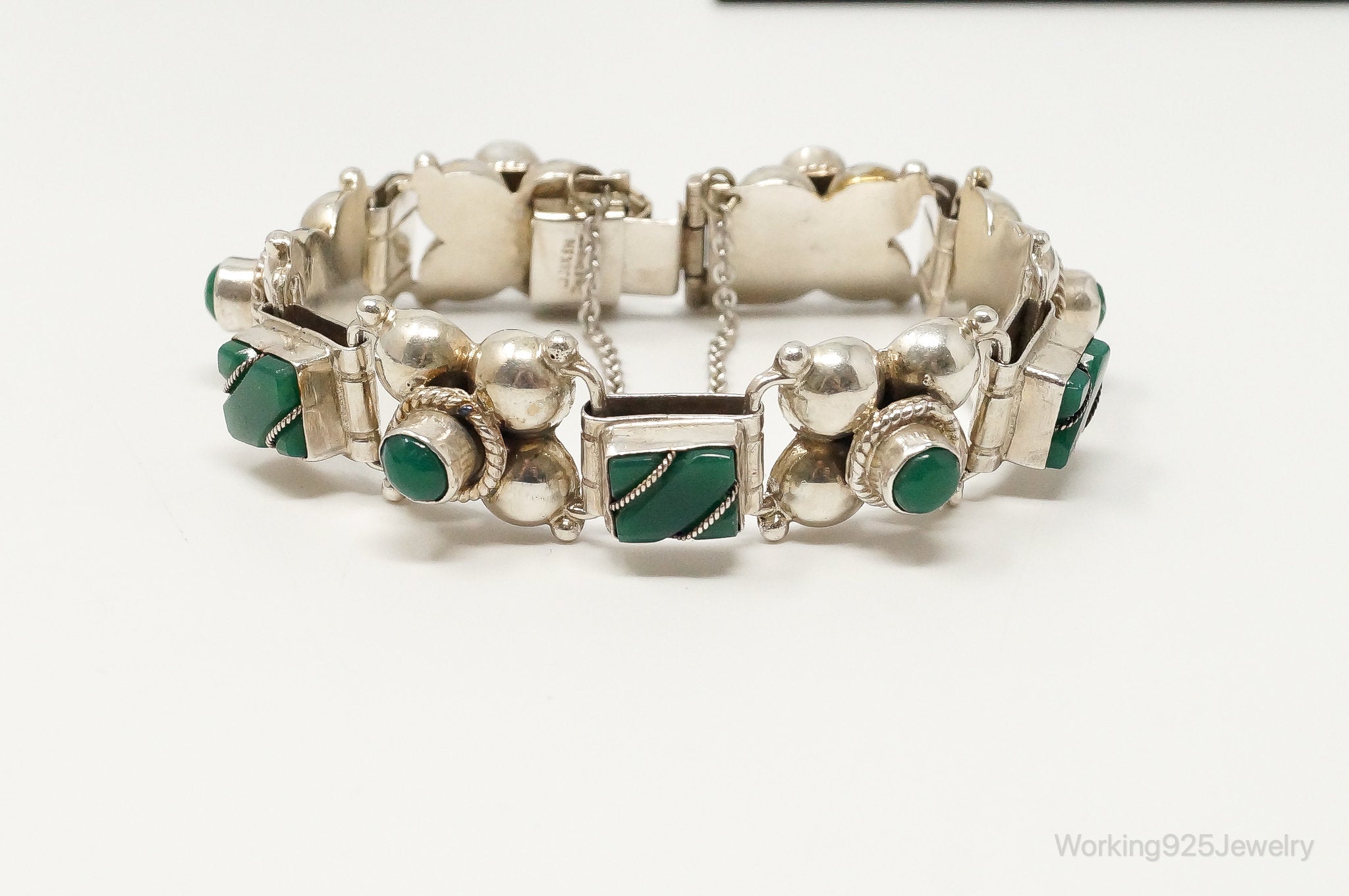 Vintage Mexico Handmade Green Onyx Sterling Silver Panel Bracelet