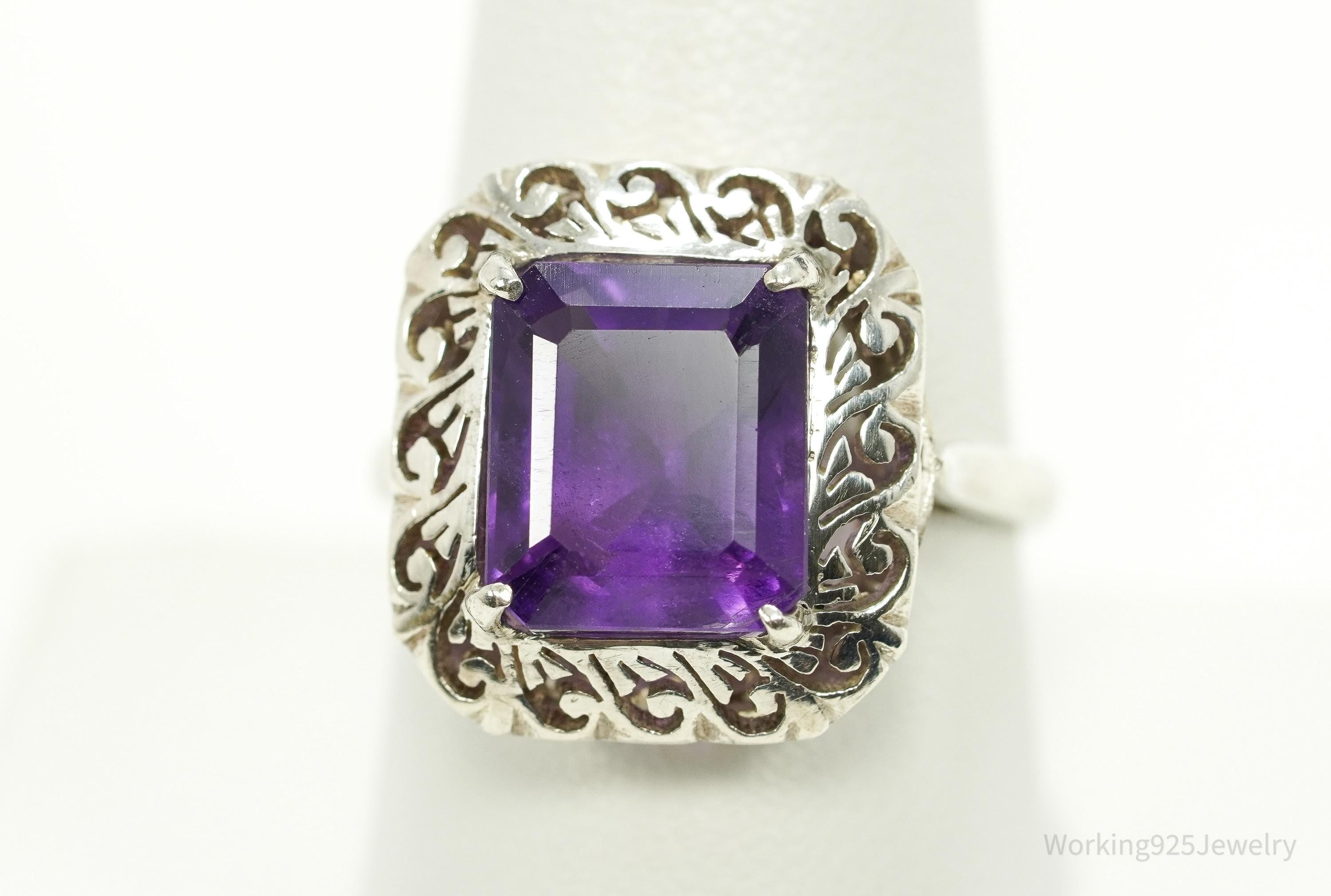 Vintage Amethyst Ornate Silver Ring - Size 9