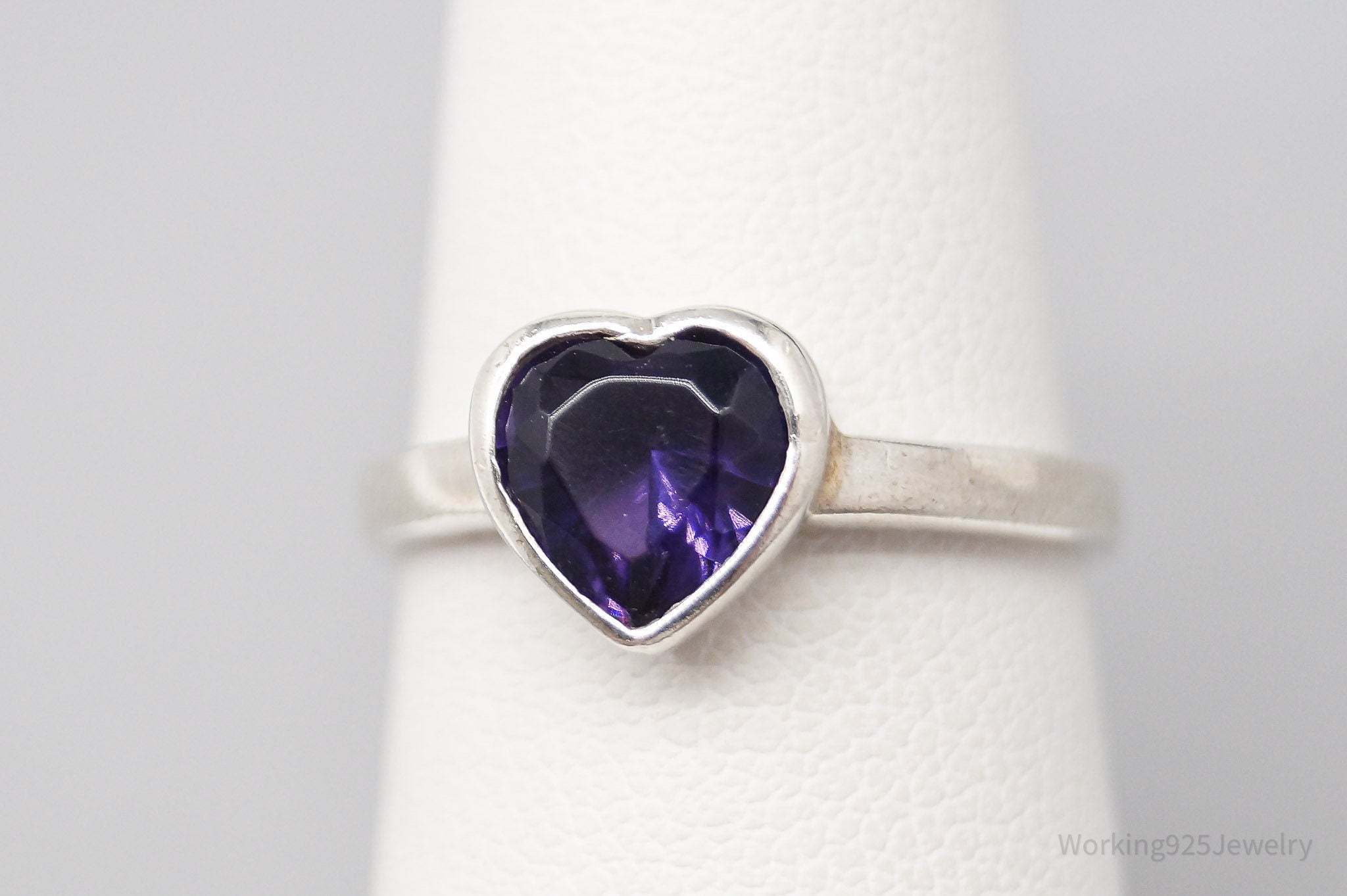 Vintage Faux Amethyst Heart Sterling Silver Ring - Size 6.75