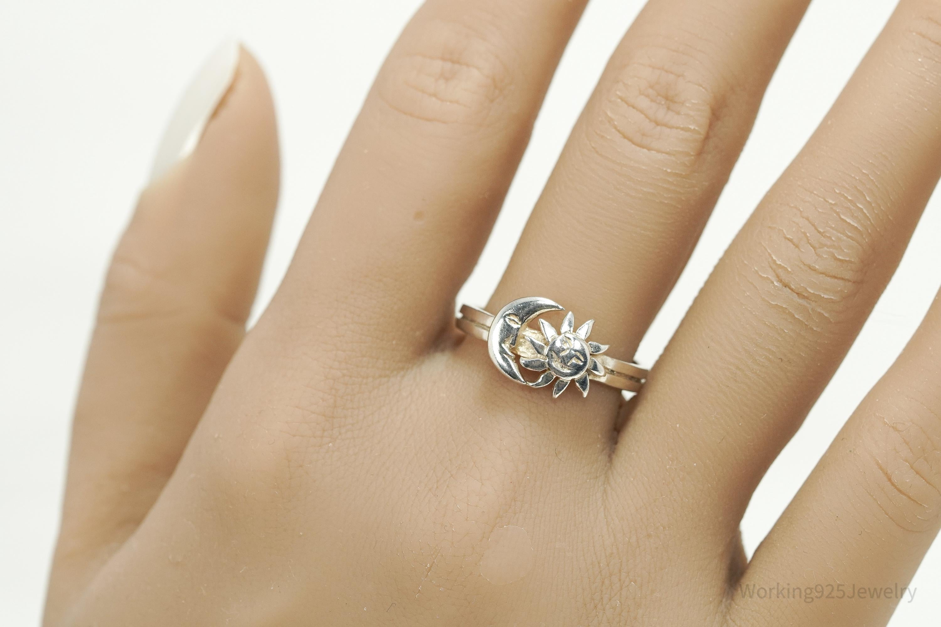 Vintage Sun & Moon Sterling Silver Ring - Size 9