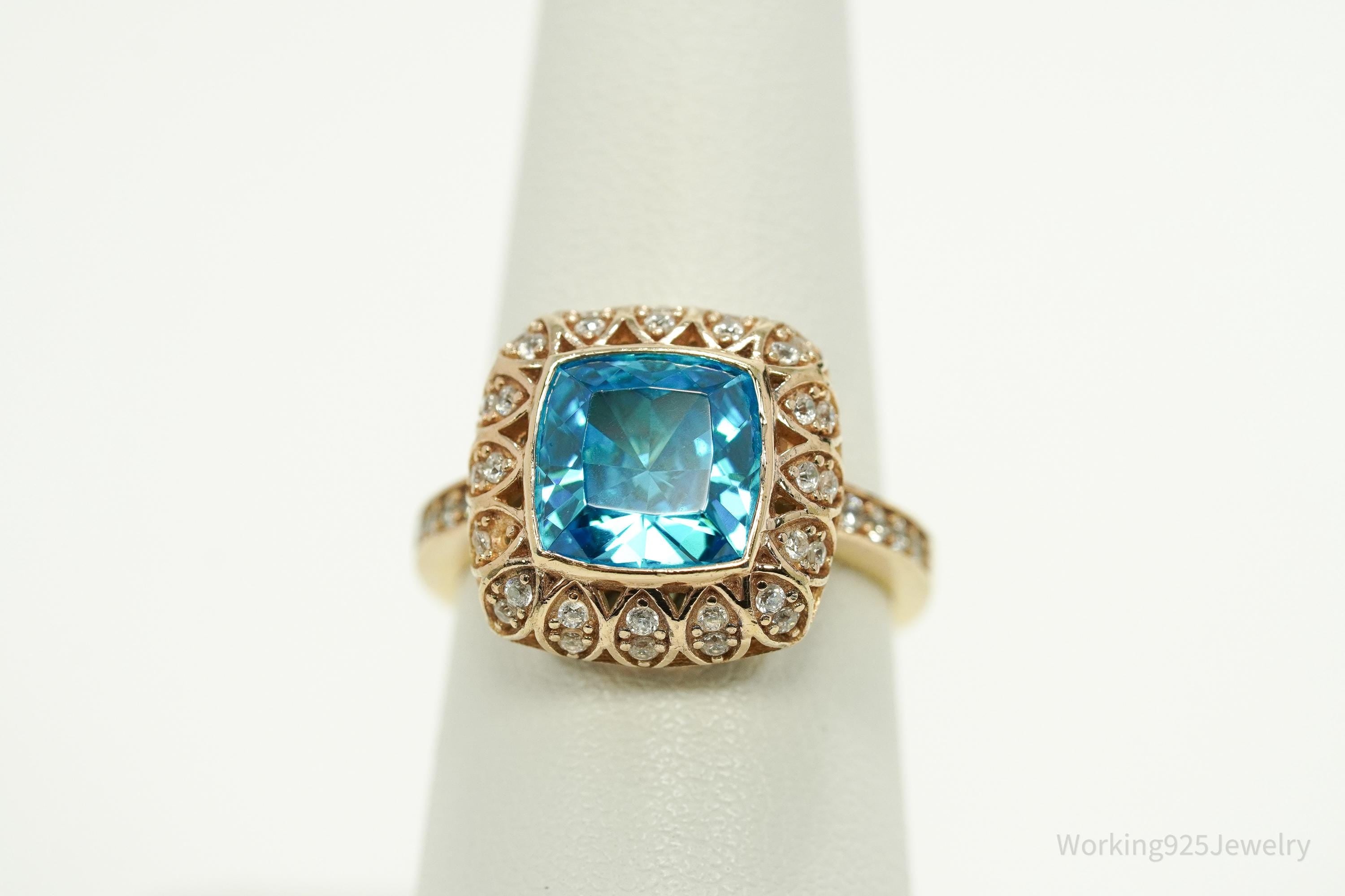 Vintage Blue Tourmaline & Cubic Zirconia Gold Vermeil Sterling Silver Ring - Size 7.25