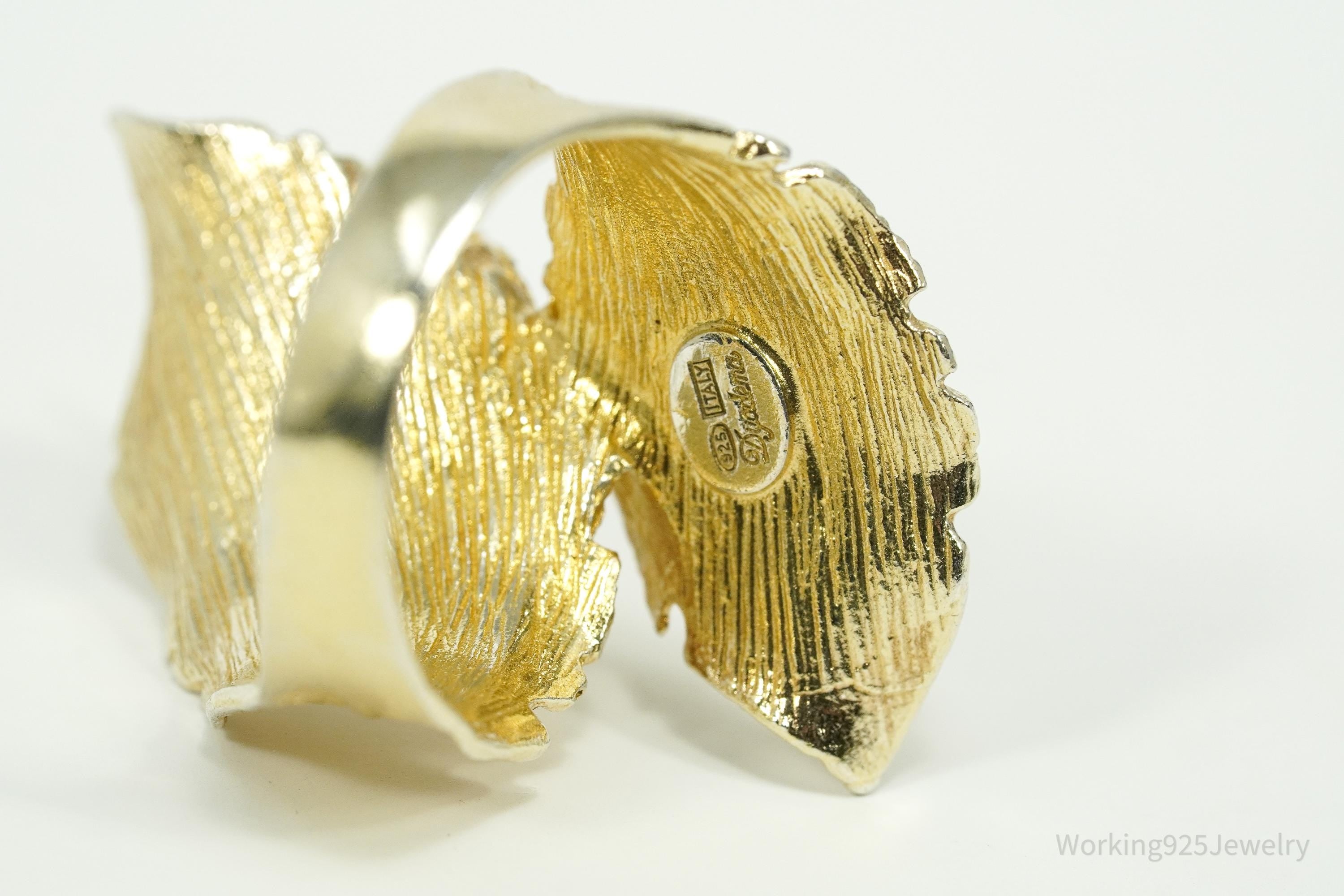 Vintage Italian Dyadema 18K Yellow Gold Plated Figural Leaf Sterling Silver Ring - Size 7