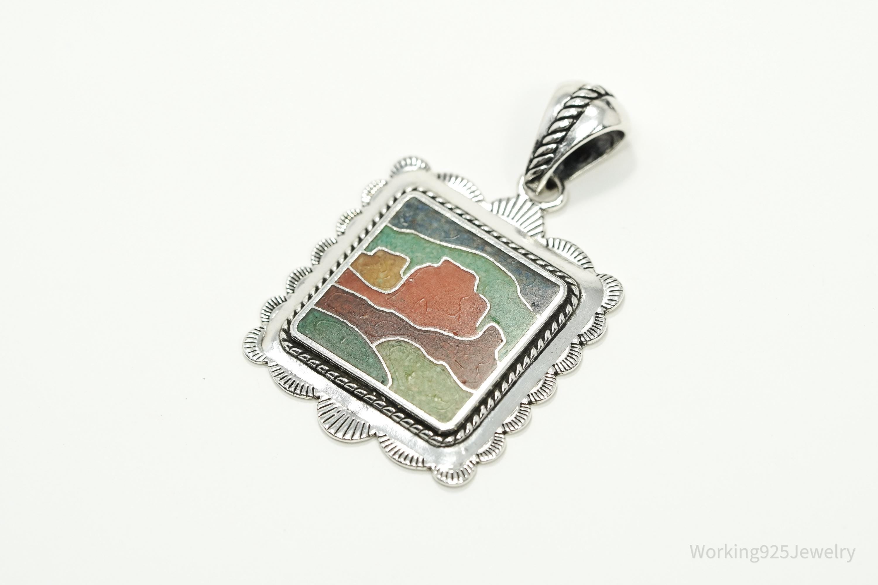 Large Vintage Carolyn Pollack Relios Desert Scene Multi Gem Inlay Sterling Silver Pendant