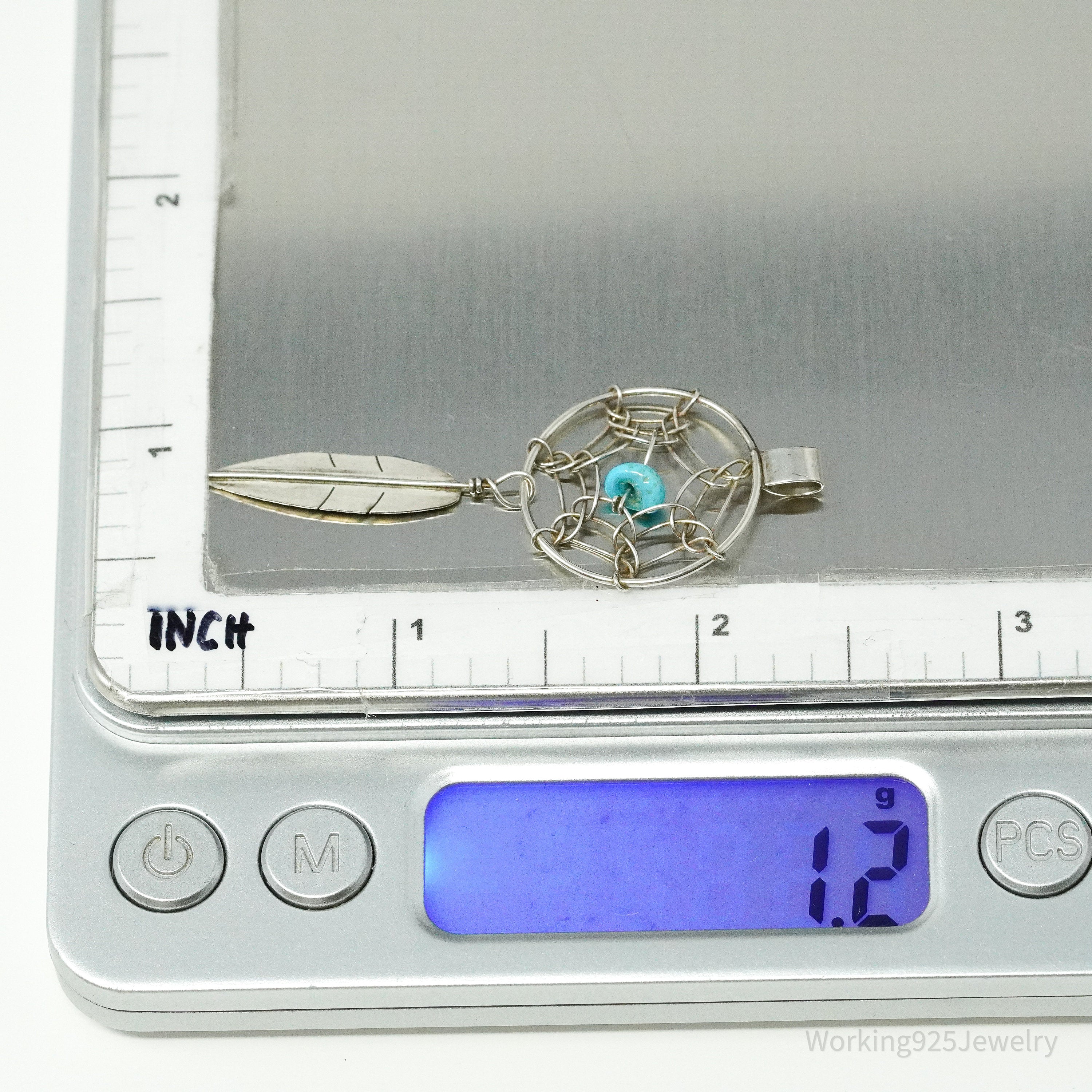 Vintage Native American Turquoise Dreamcatcher Silver Pendant