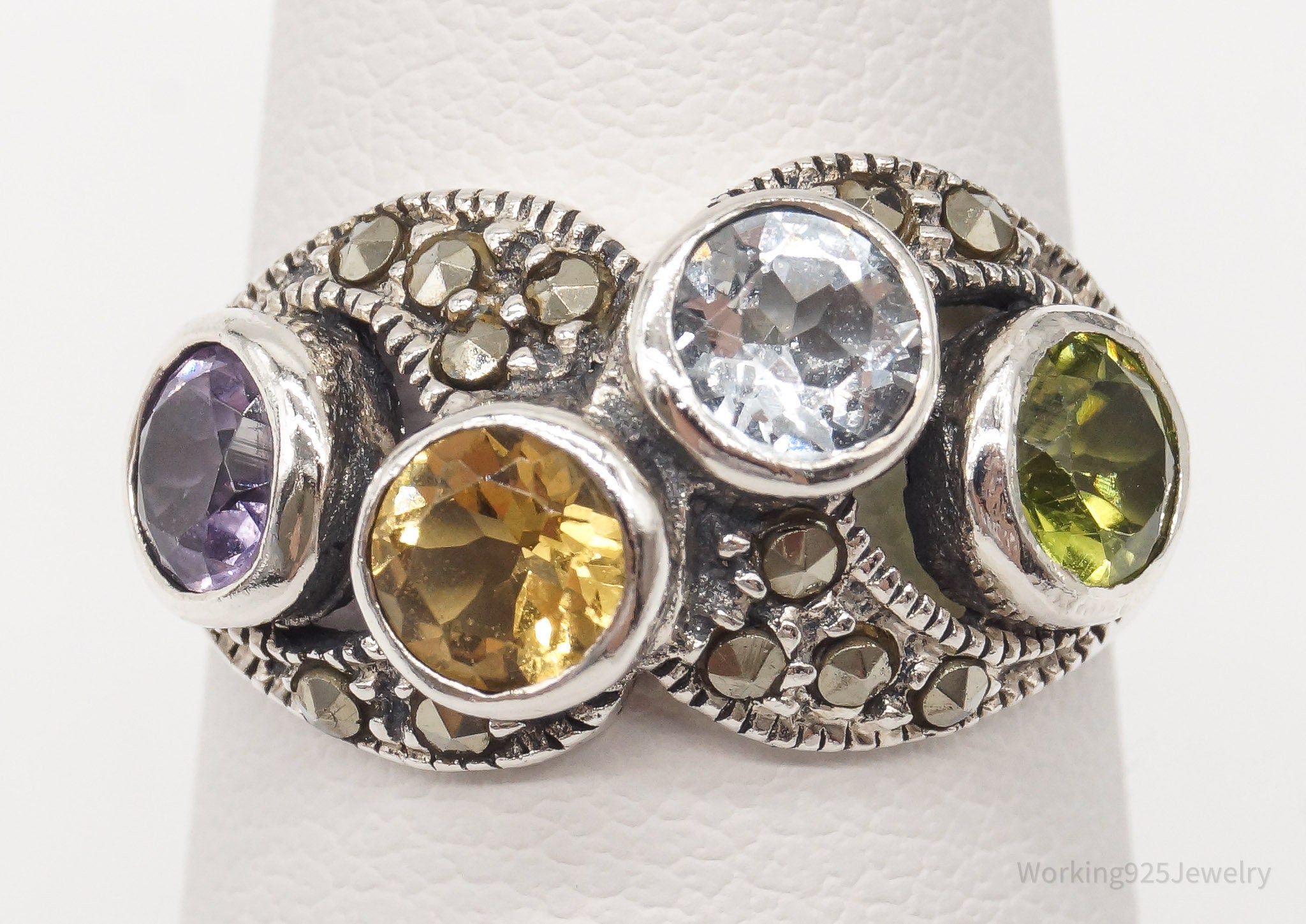 Vintage Multi Gemstone Sterling Silver Ring - Size 6