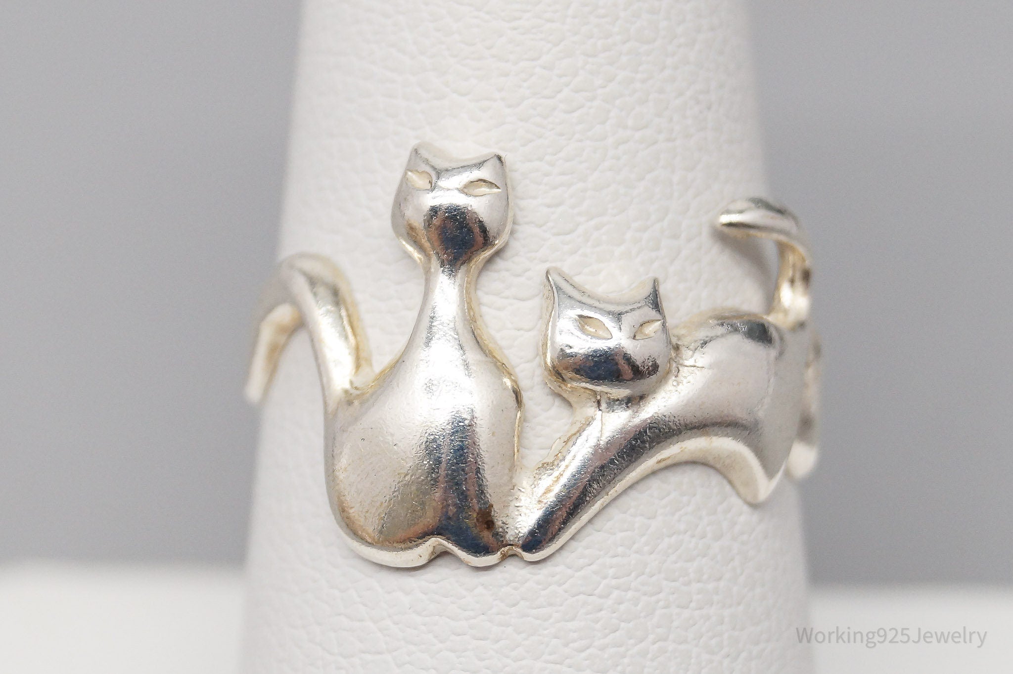 Vintage Cats Kittens Silver Ring - Size 8.25