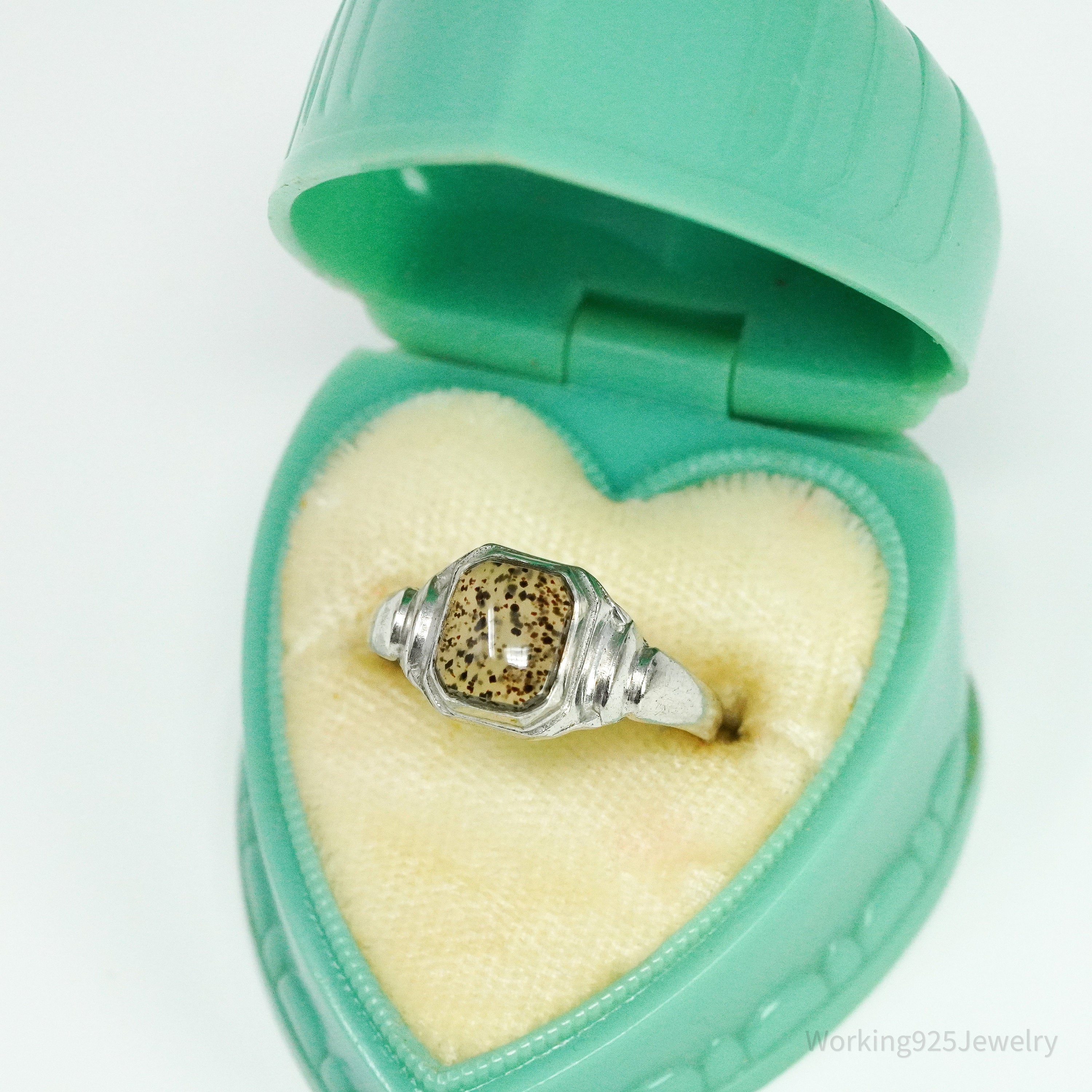 Antique Edwardian Ostby & Barton Moss Agate Sterling Silver Ring Size 7.5