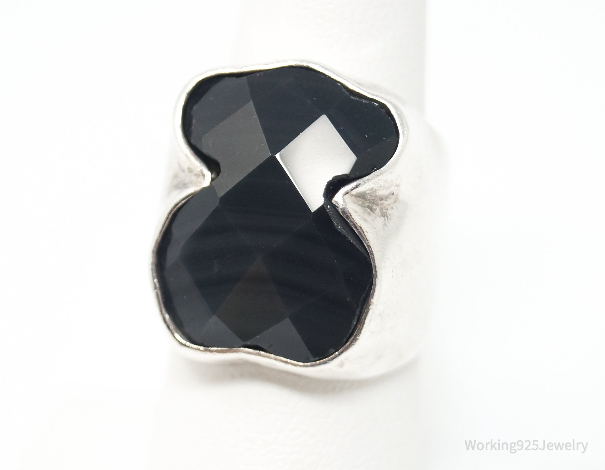 Vintage Large Black Glass 950 Silver Statement Ring - Sz 7.25