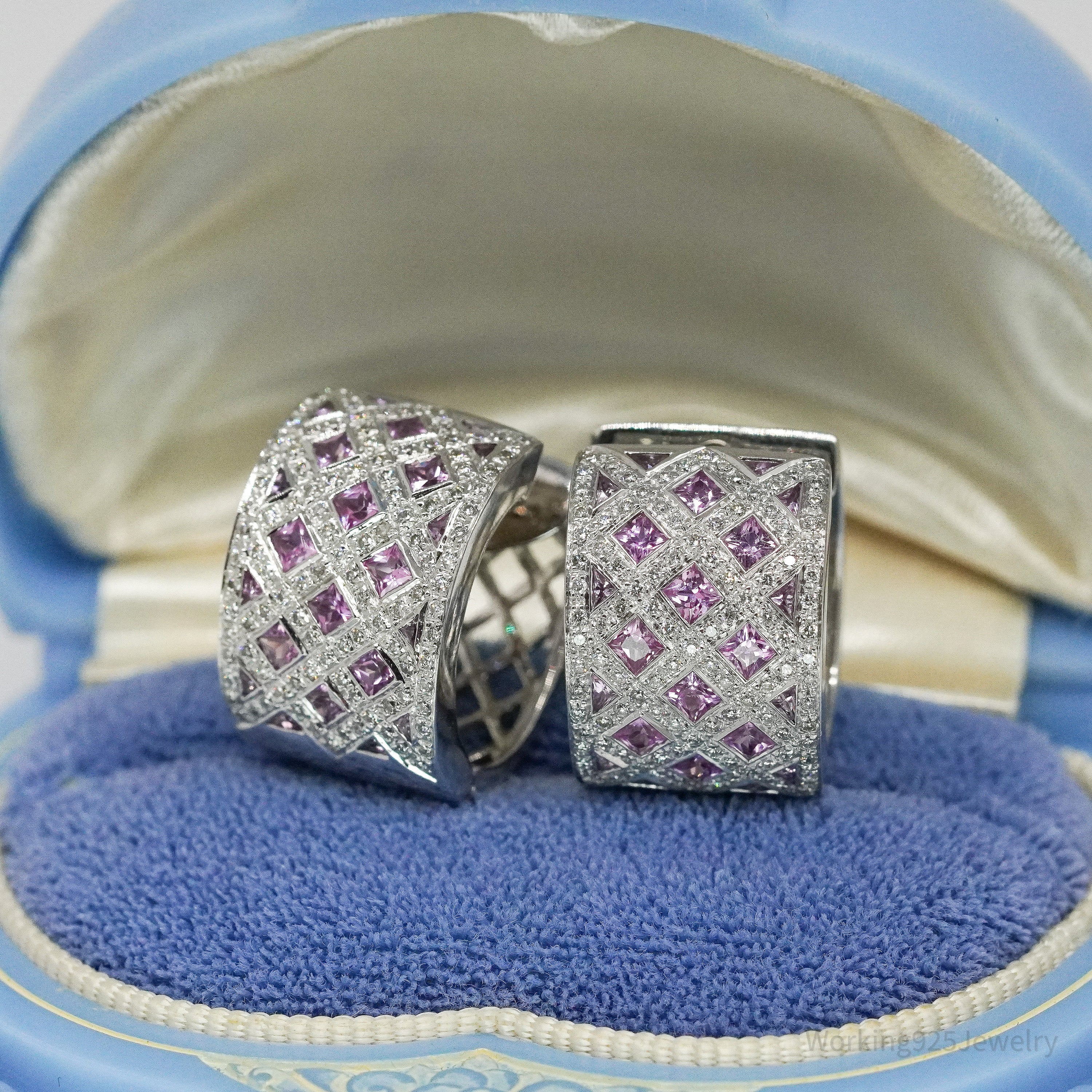 14K White Gold, Diamonds, & Pink Sapphires Earrings