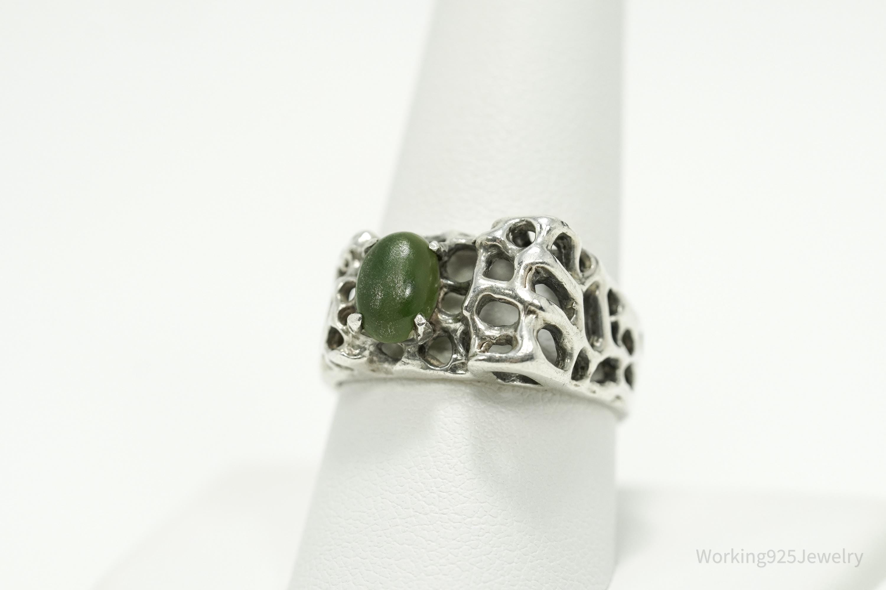 Vintage Green Jade Brutalist Sterling Silver Ring - Size 9.75