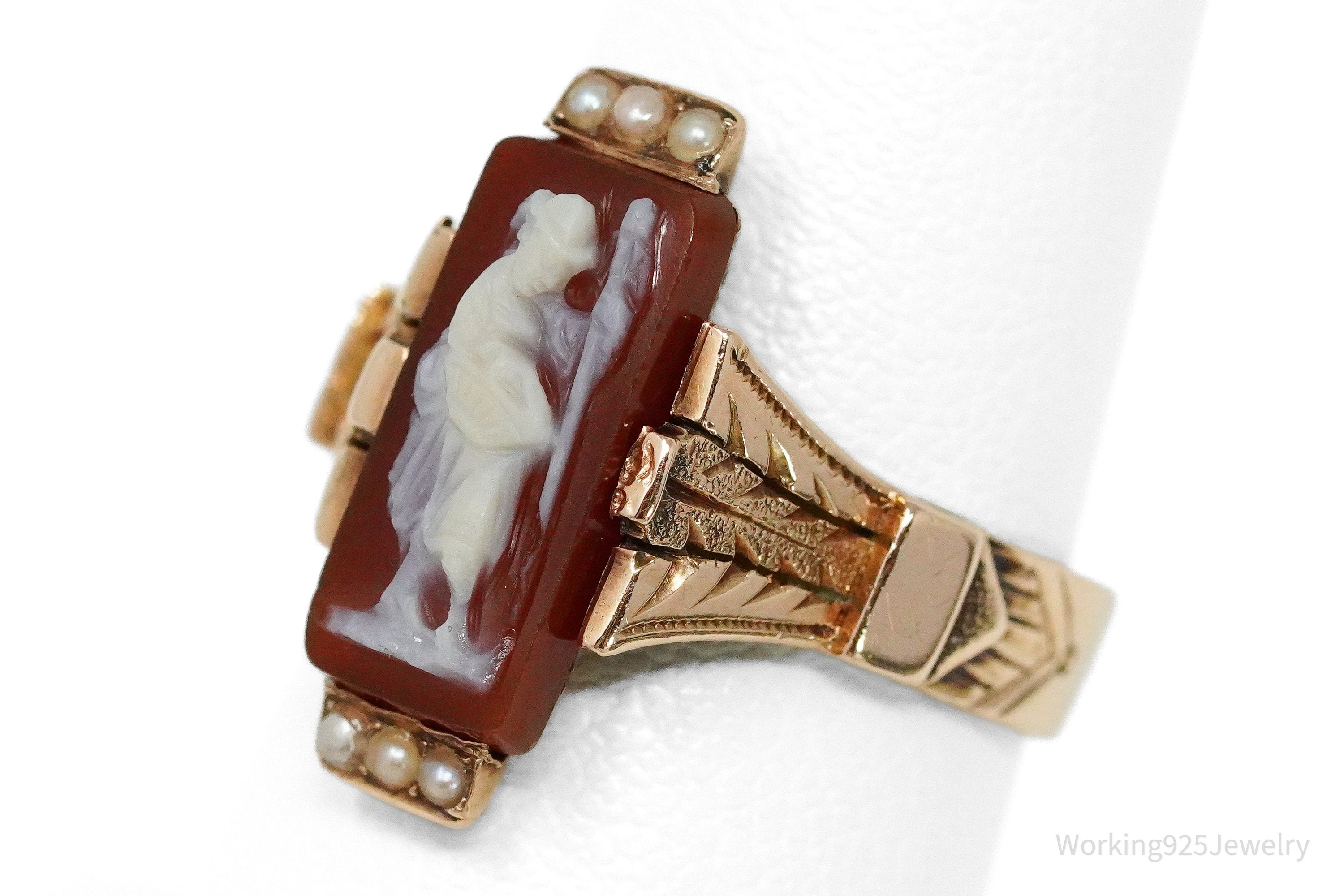 Antique 14K Rose Gold & Seed Pearls Cameo Ring - Size 6.5