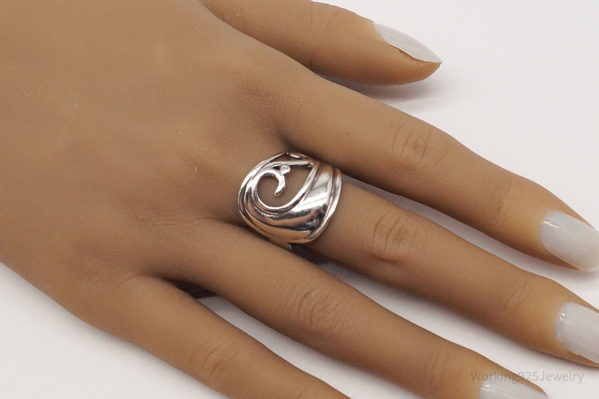 Vintage Wave Swirls Sterling Silver Ring - Size 8.75