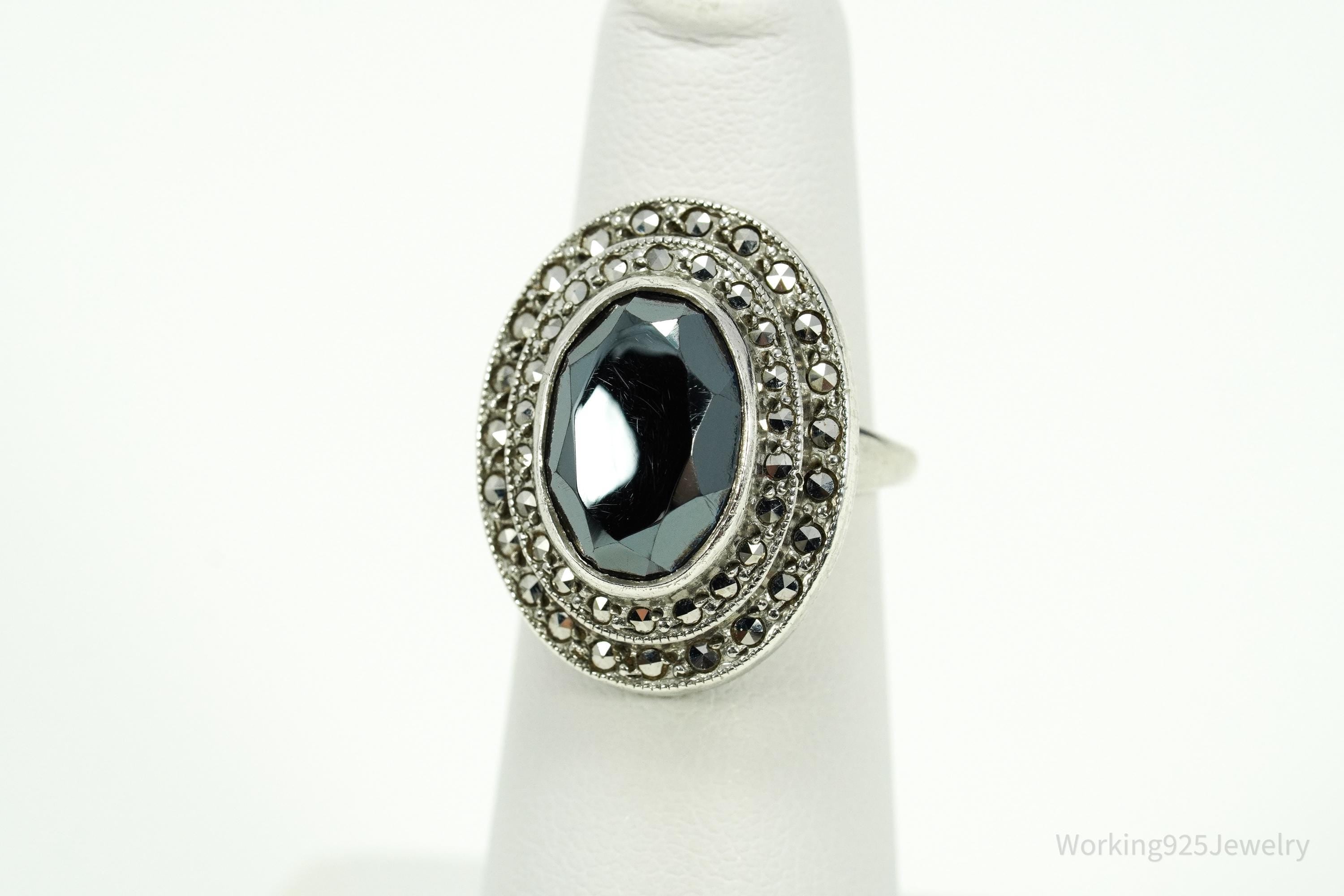 Antique Uncas MFG CO Hematite & Marcasite Sterling Silver Ring Size 6.75