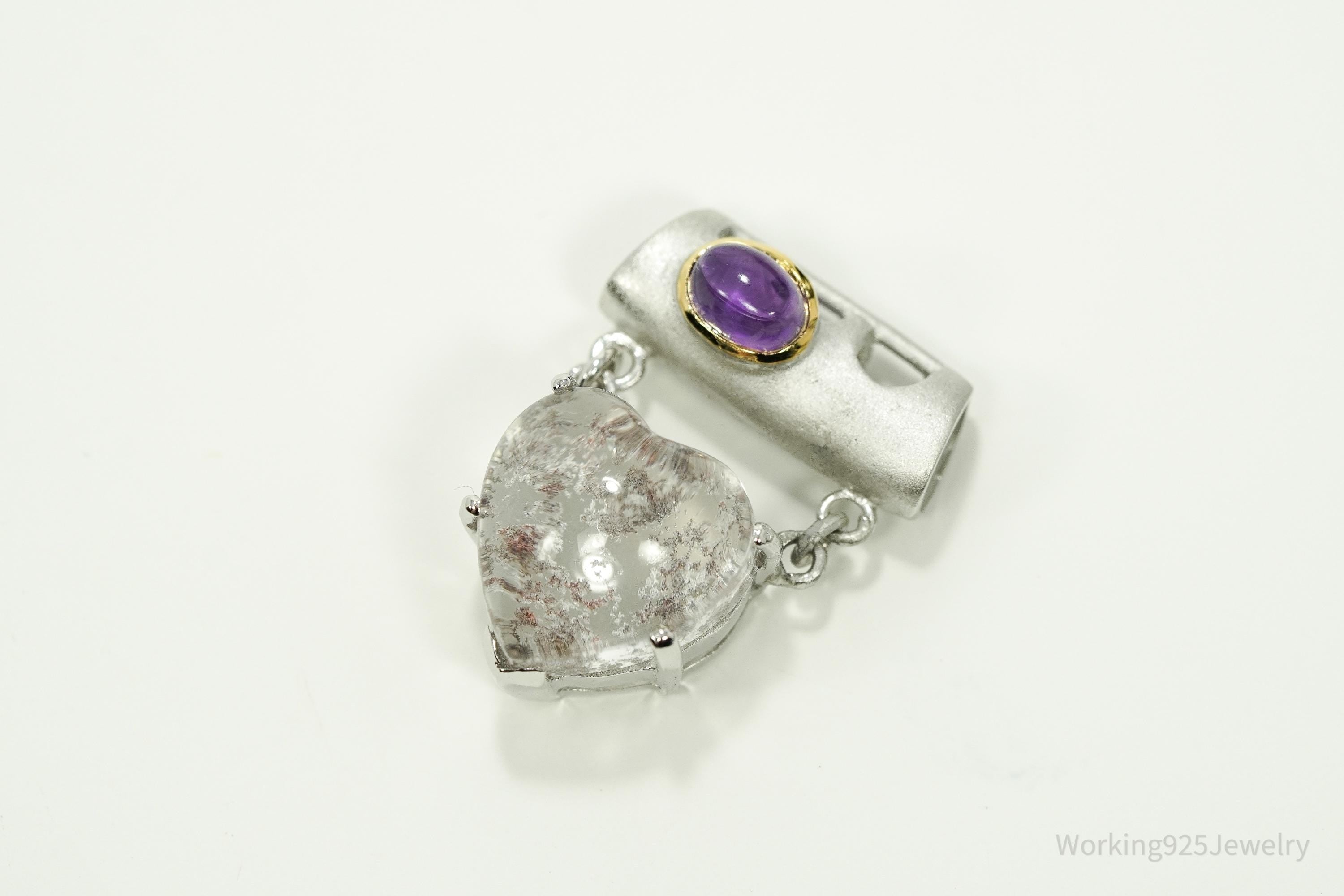 Vintage Amethyst & Crystal Heart Gold Vermeil Sterling Silver Necklace Pendant