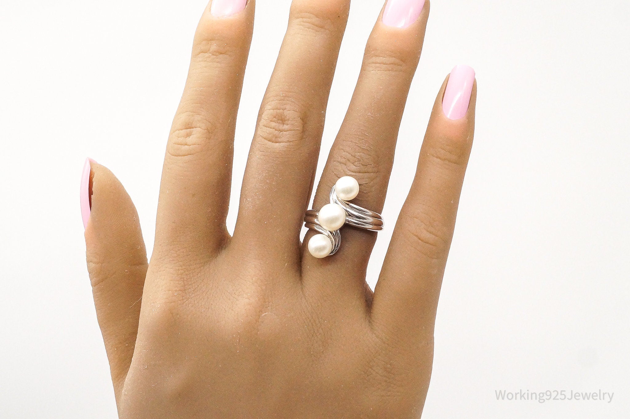 Vintage Lab Pearls Sterling Silver Ring - Size 7