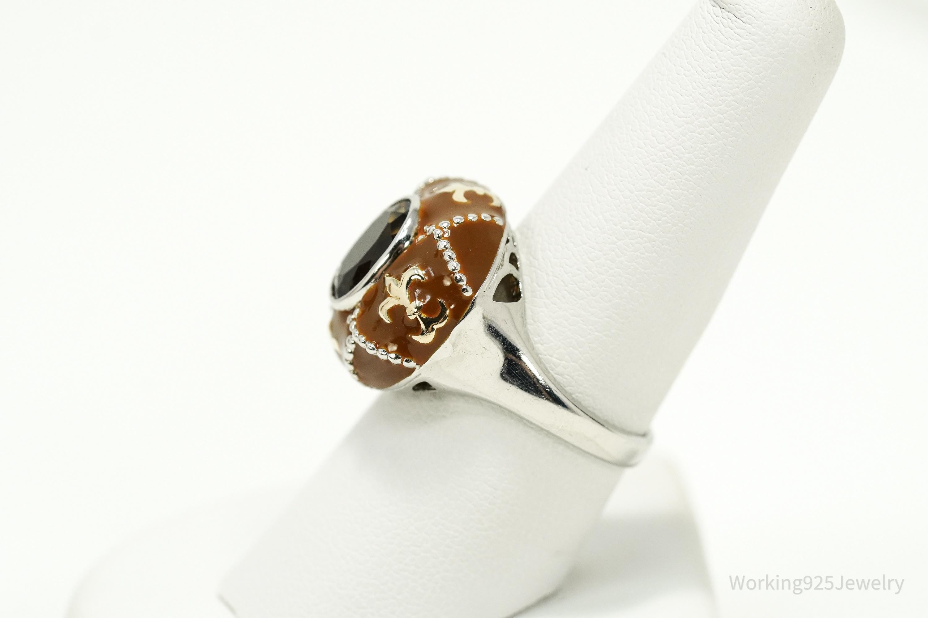 Vintage Y2K Smoky Topaz Enamel Dome Gold Vermeil Sterling Silver Ring Size 8