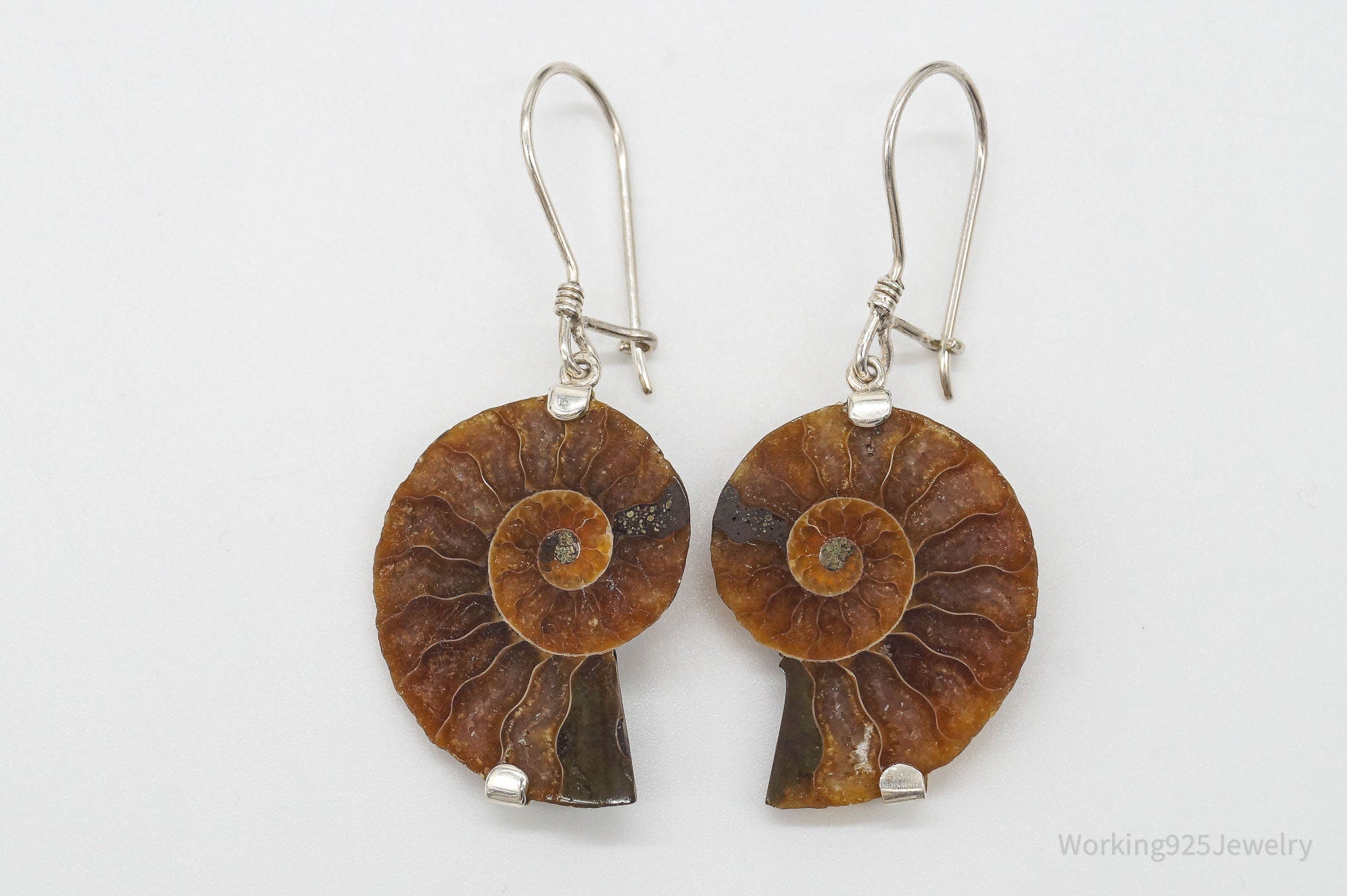 Vintage Large Ammonite Fossil Shell Silver Earrings