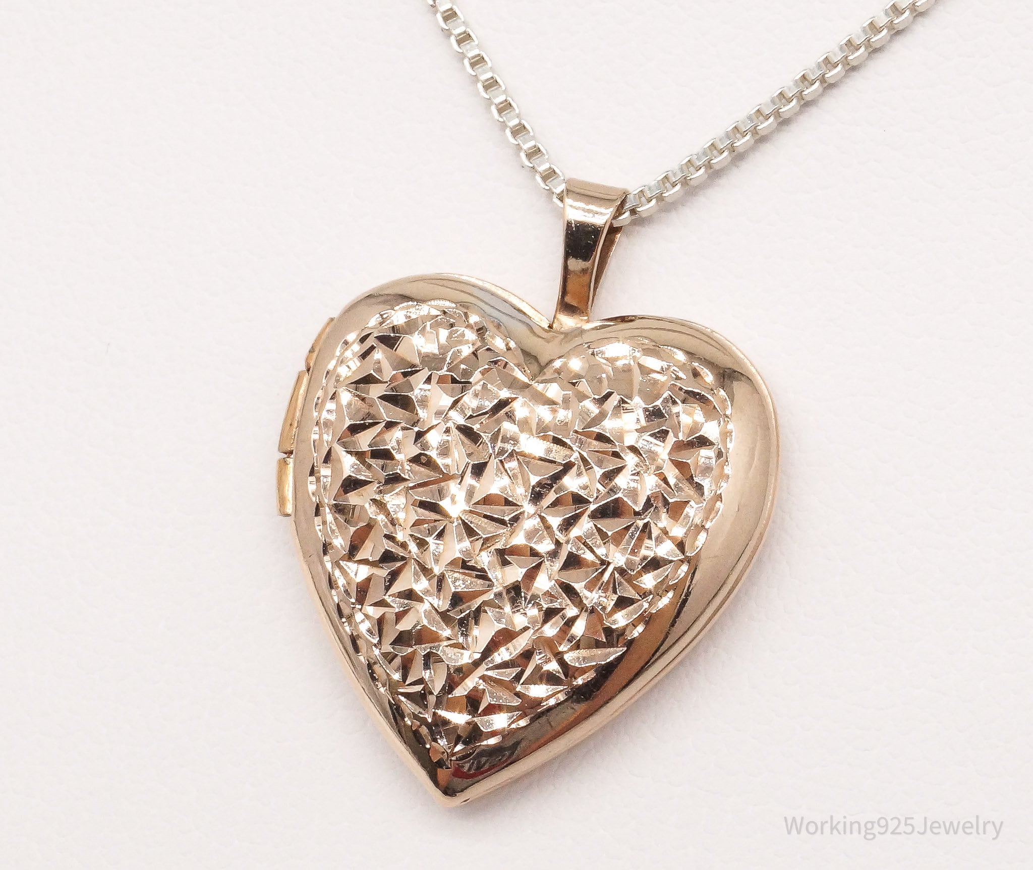 Vintage Heart Picture Locket Rose Gold Vermeil Sterling Silver Necklace 20"