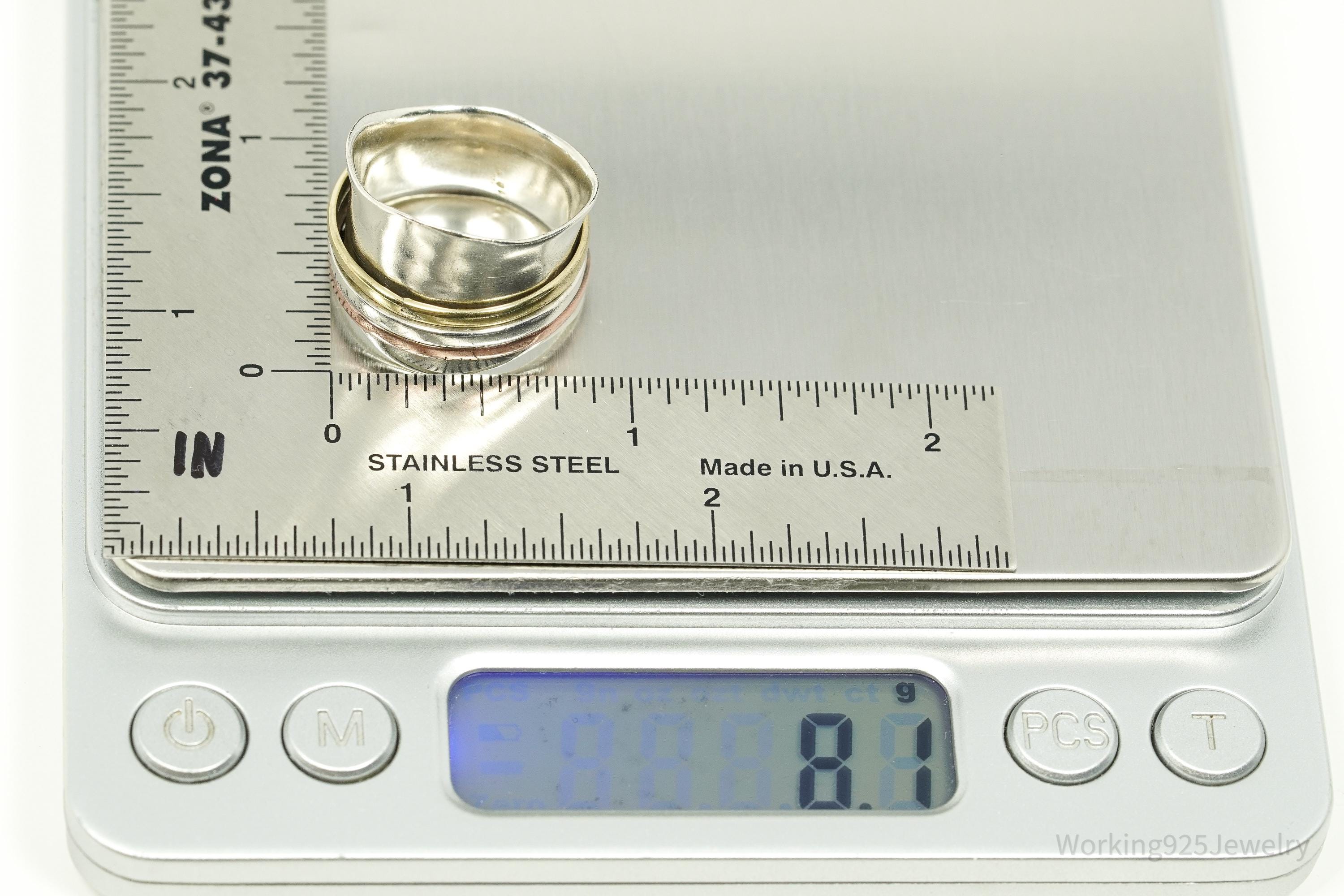 Vintage Brass & Copper Sterling Silver Spinner Band Ring- Size 8.25