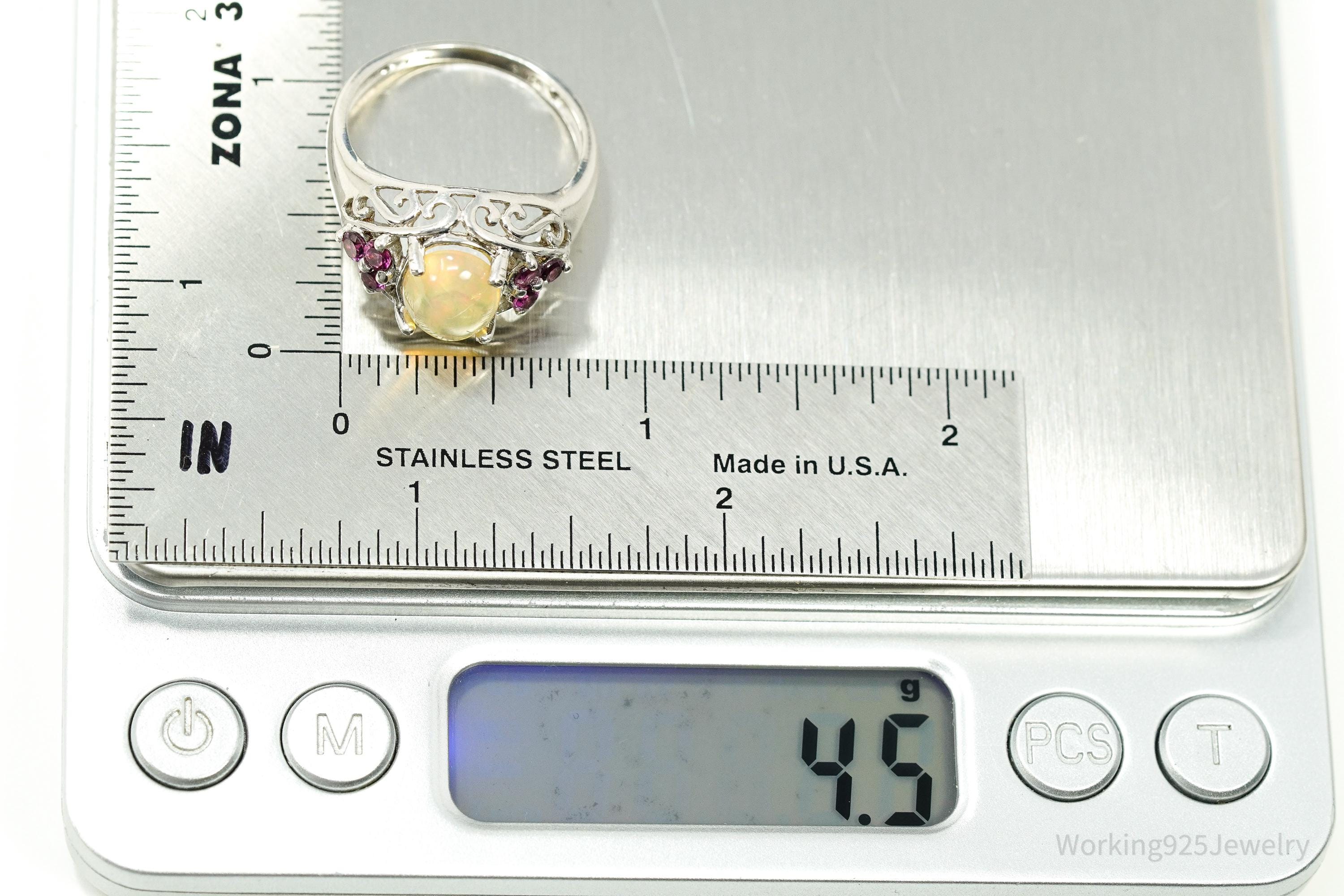 Vintage Ethiopian Opal & Rhodolite Garnet Sterling Silver Ring - Size 10