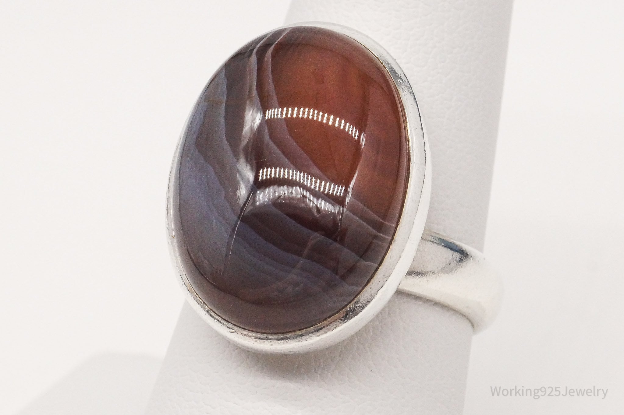 Vintage Large Botswana Agate Sterling Silver Ring - Size 8.25 Adjustable