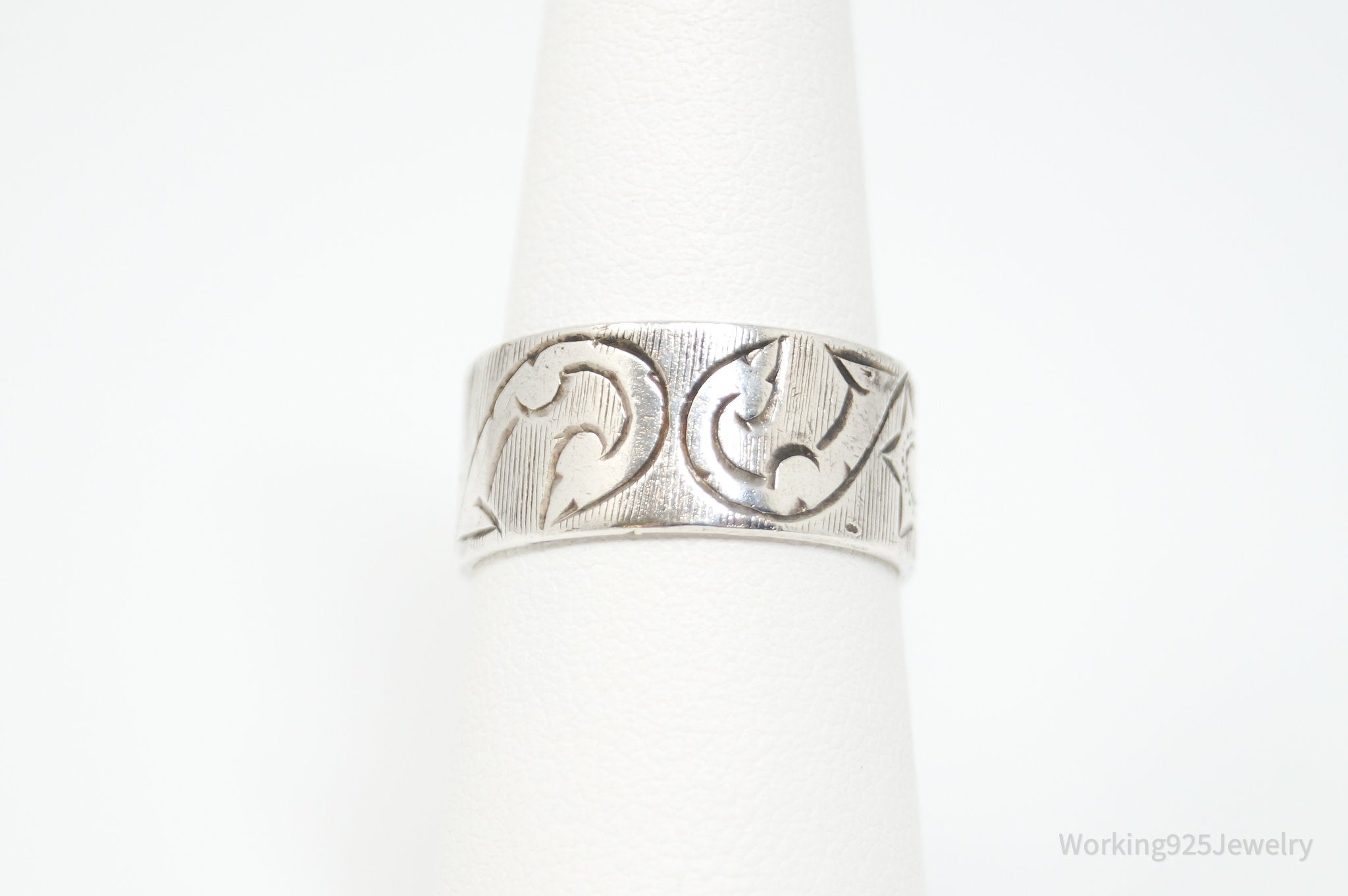 Vintage Siam Niello Floral Etched Sterling Silver Band Ring - Sz 6.75