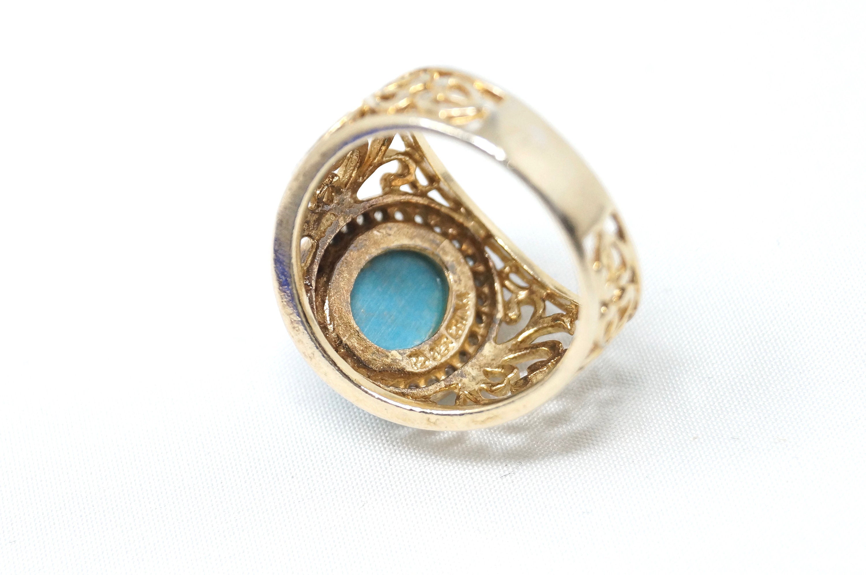 Vintage Large Turquoise Gold Vermeil Heart Swirl CZ Sterling Silver Ring Sz 7.5