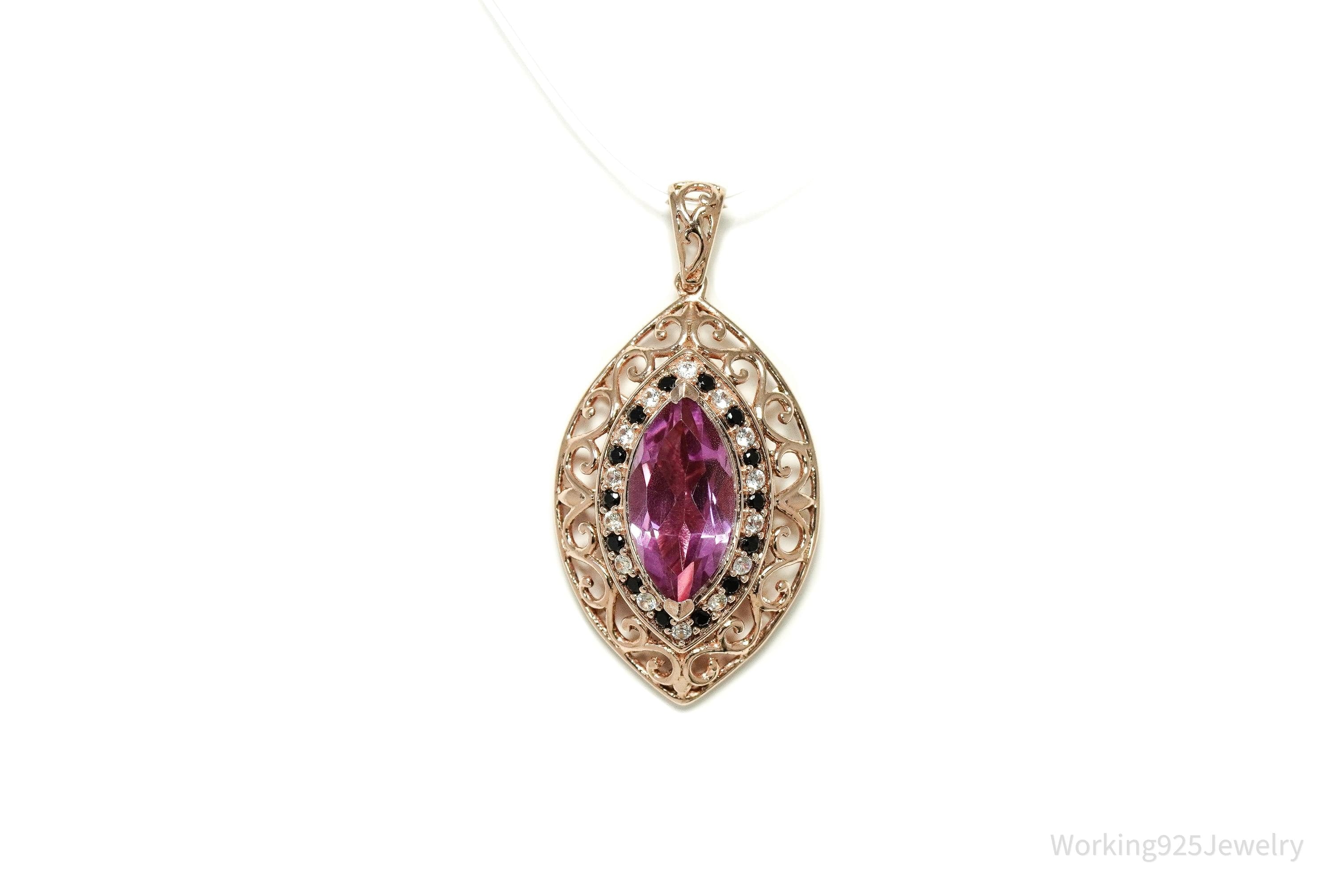 Pink Topaz Black Spinel Cubic Zirconia Rose Gold Vermeil Sterling Silver Necklace Pendant