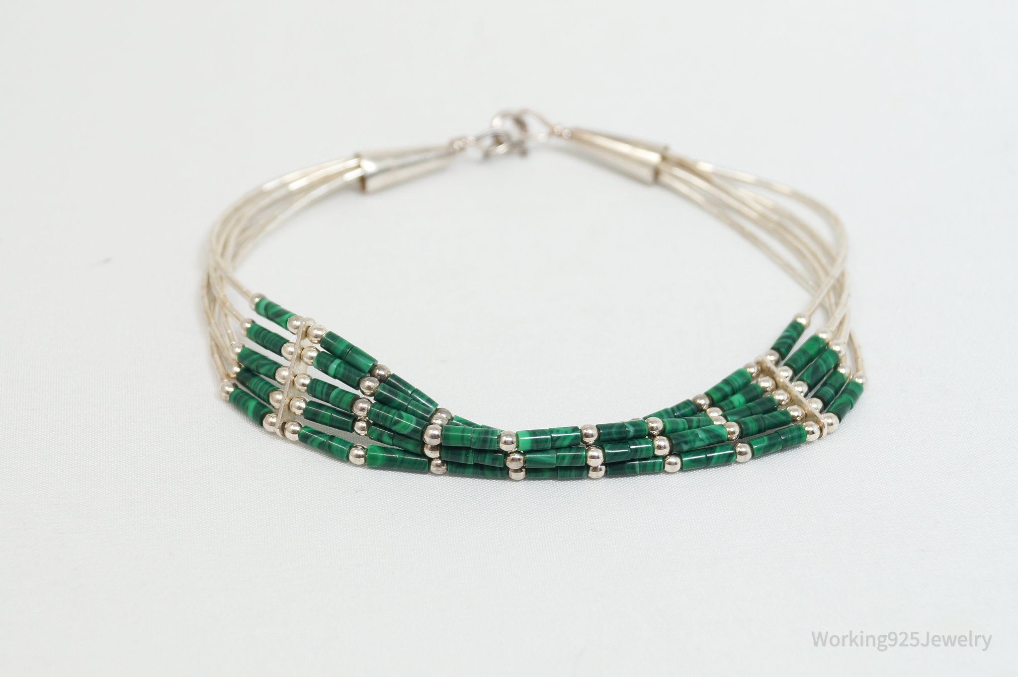 Vintage Native Handmade Green Malachite Woven Sterling Silver Bead Bracelet