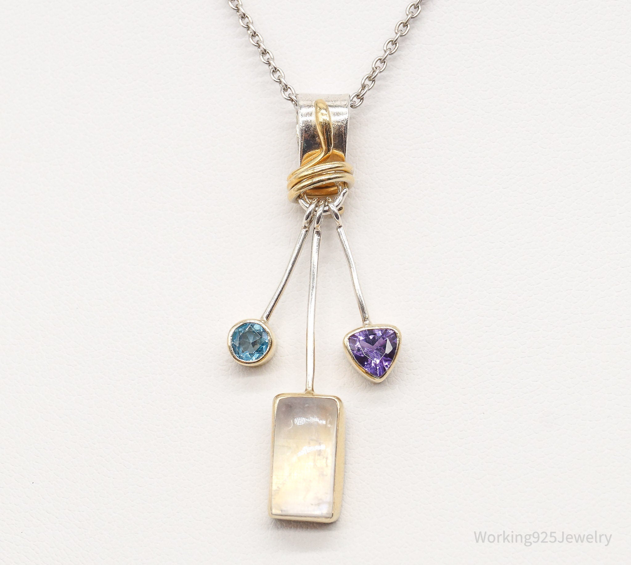 Vintage Blue Topaz Amethyst Moonstone Gold Vermeil Sterling Silver Necklace