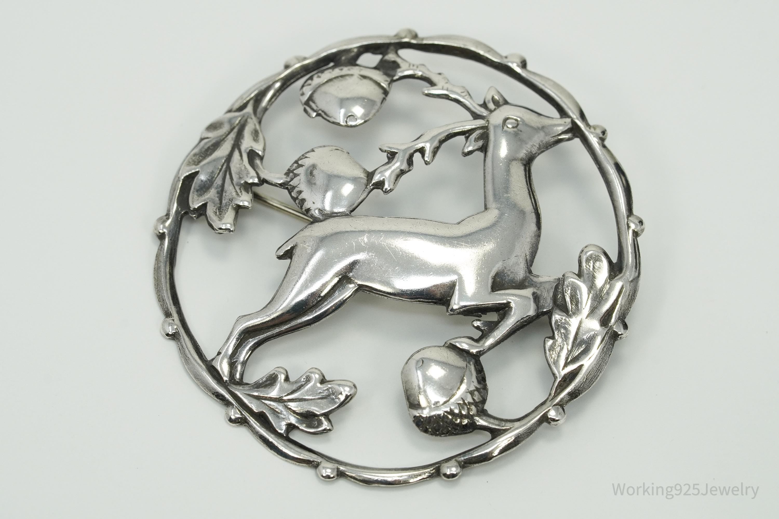 Large Antique Deer & Acorns Sterling Silver Brooch Pin