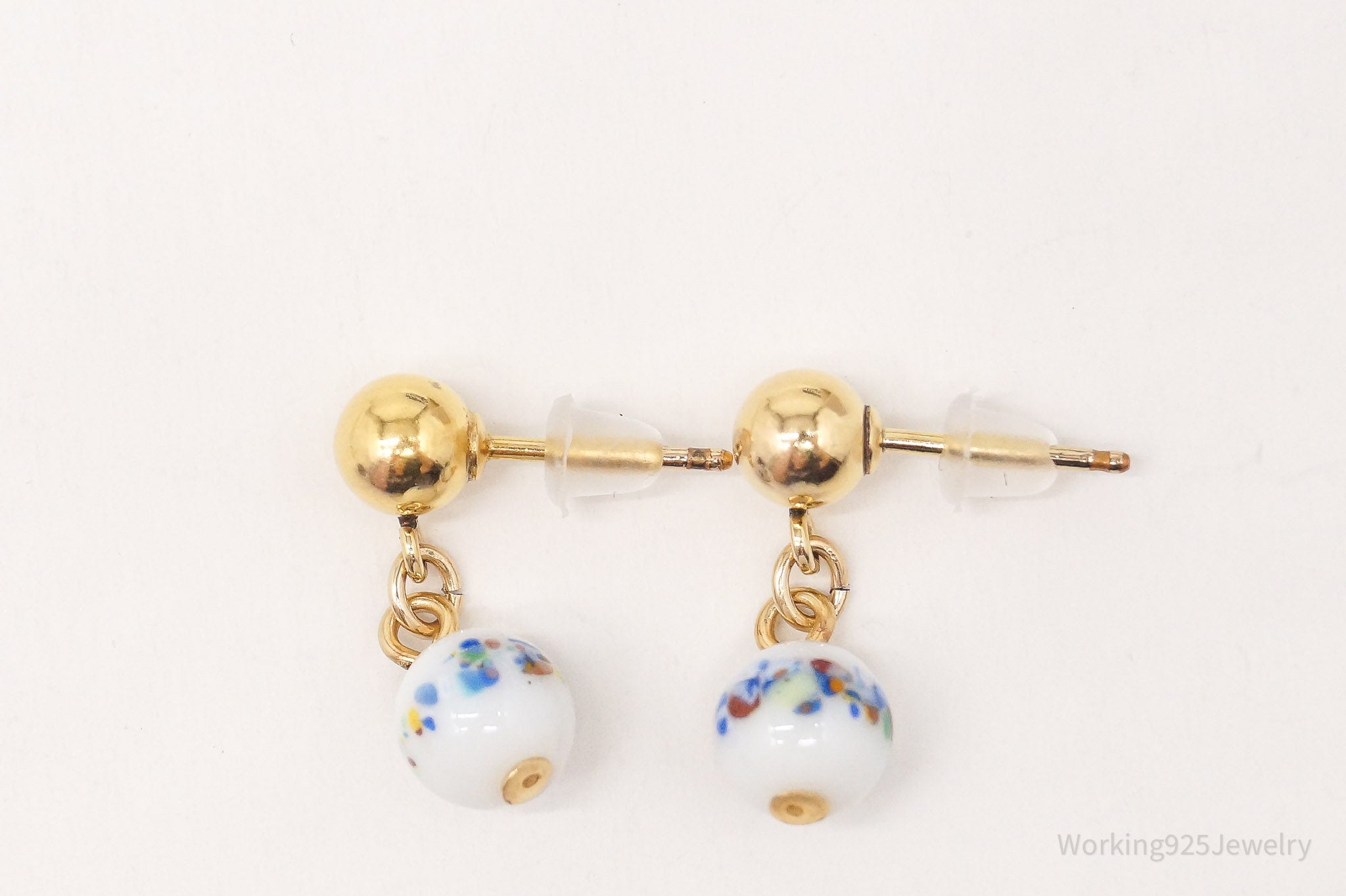 Vintage Porcelain Dangle Gold Plated Earrings