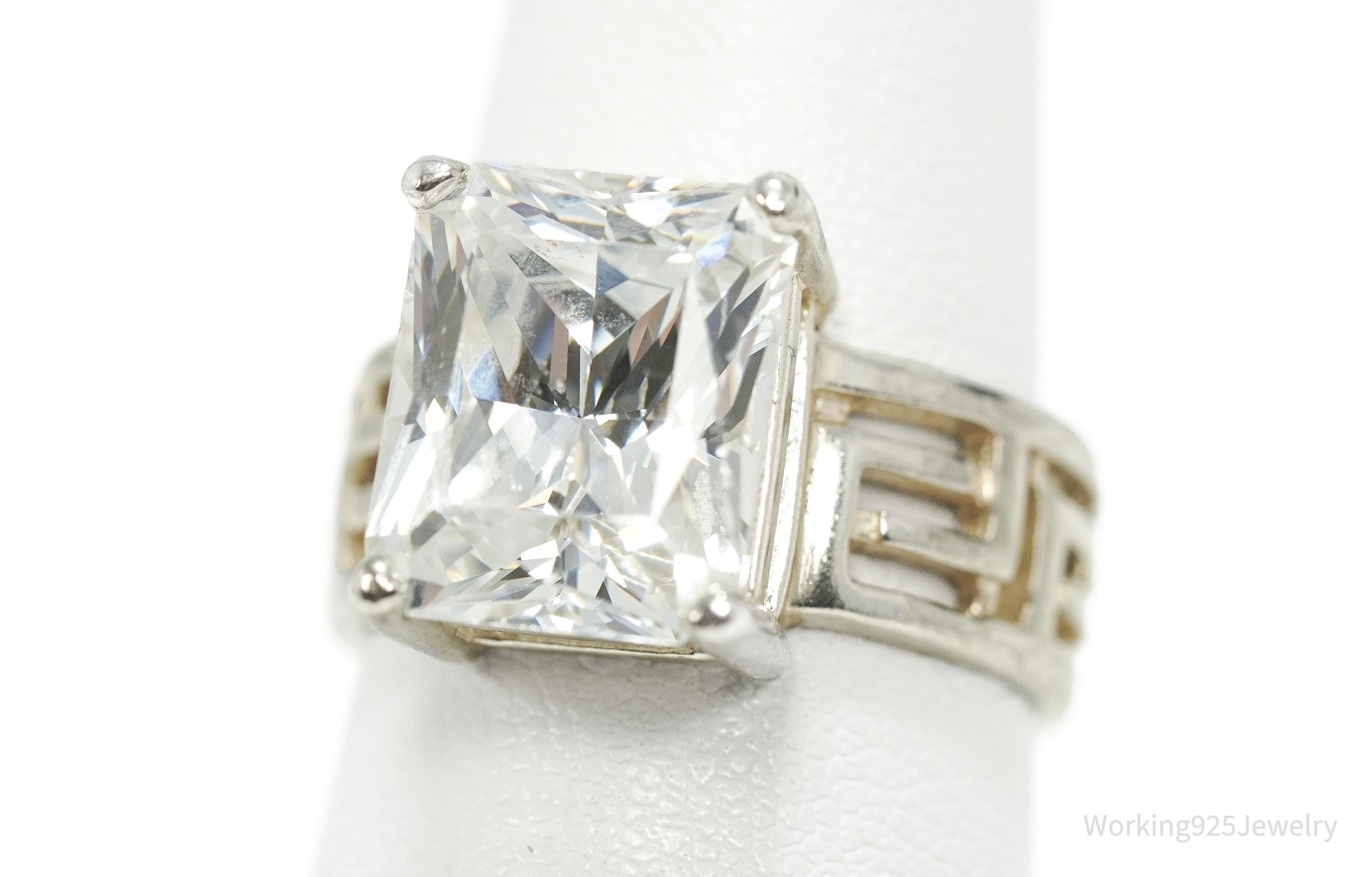 Vintage Large Diamonique Cubic Zirconia Sterling Silver Ring - Size 7.25