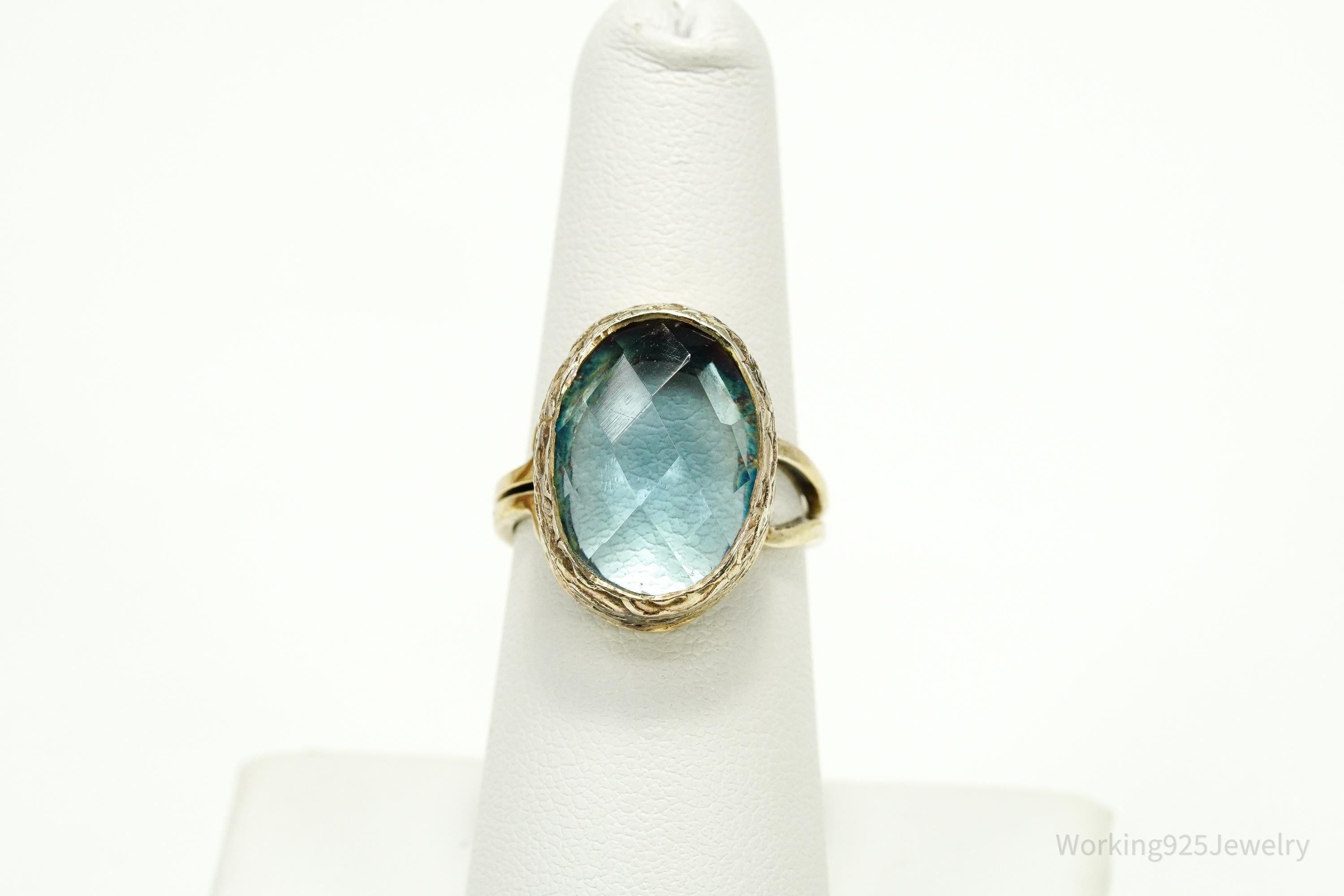 Vintage Blue Stone Gold Vermeil Sterling Silver Ring - Size 6.75 Adjustable