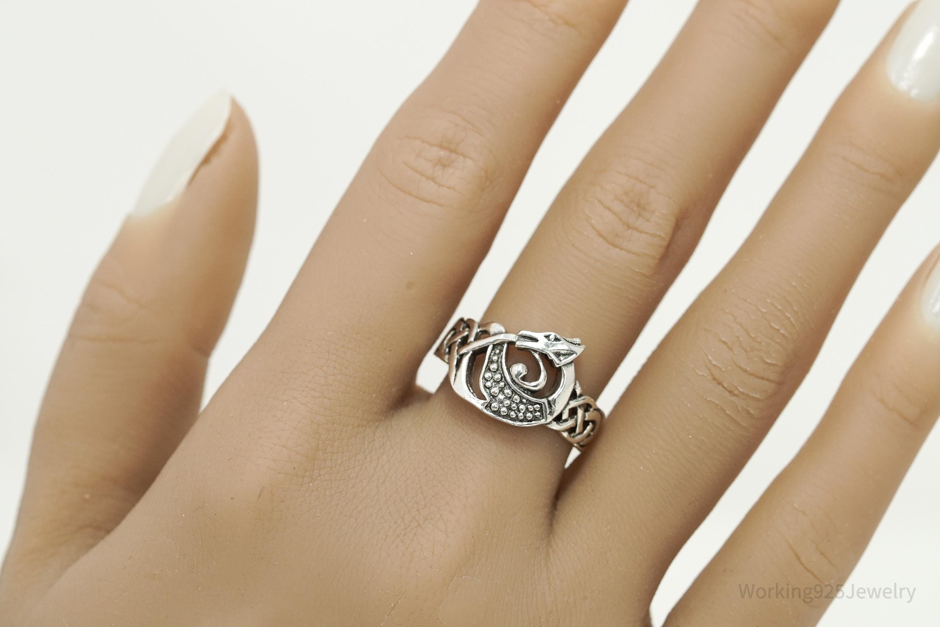 Vintage Dragon Celtic Knot Sterling Silver Ring - Size 9.25