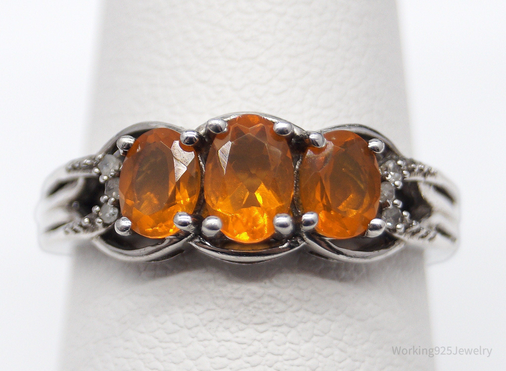 Vintage Orange Fire Opal & Diamond Sterling Silver Ring - Size 7