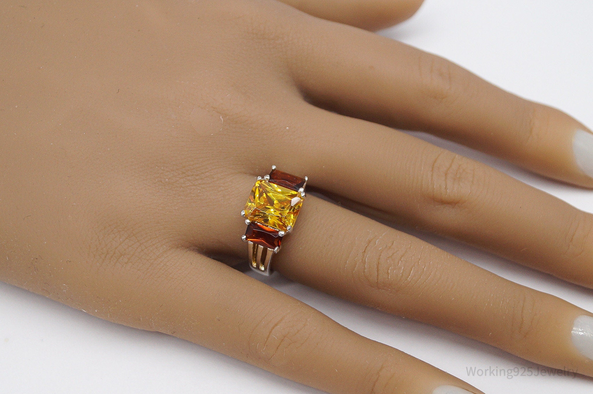 Vintage Large Yellow Tourmaline & Faux Amber Stone Sterling Silver Ring - Size 6.5