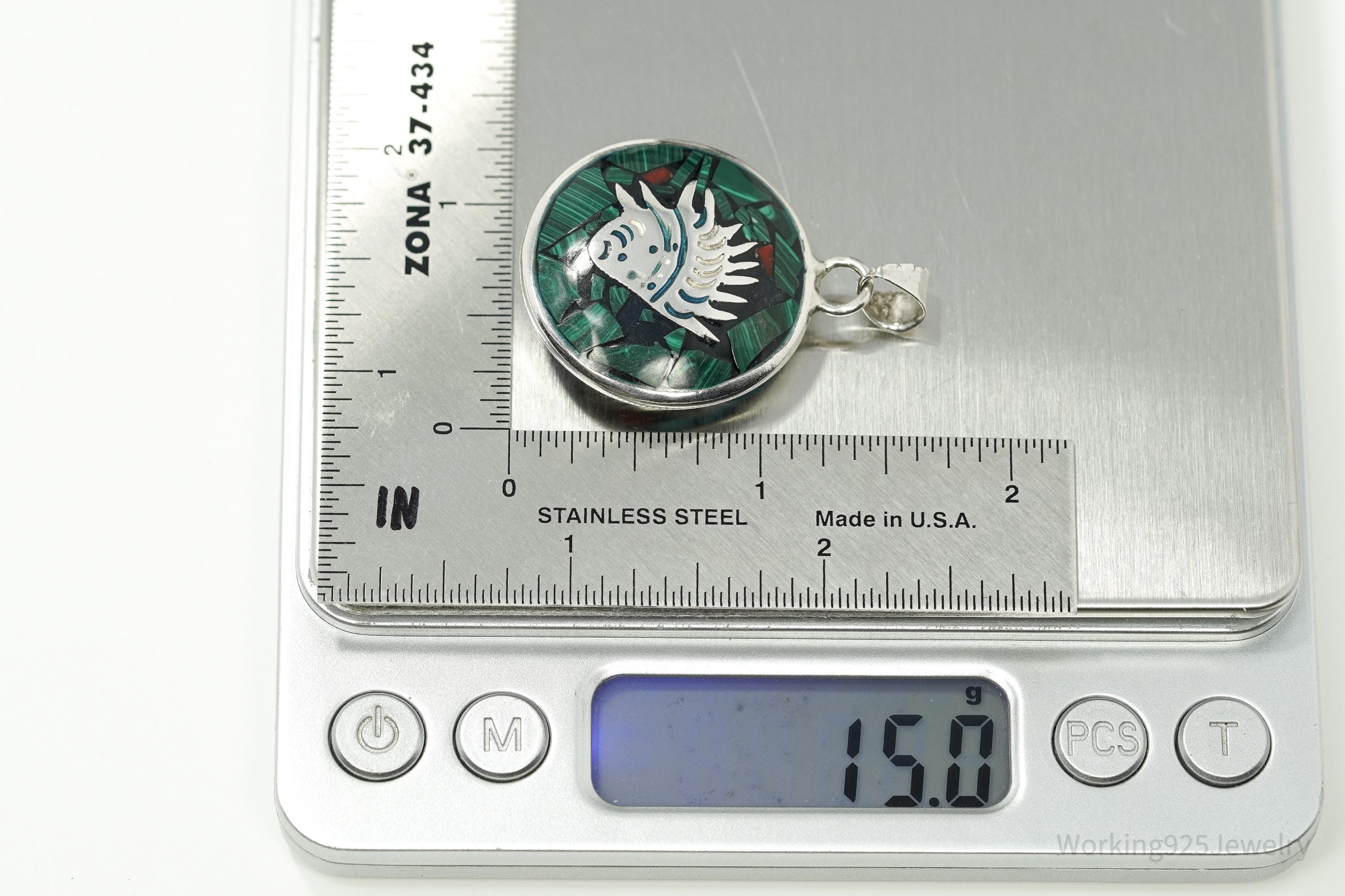 Vintage Double Sided Aztec Mayan Multi Gem Inlay Sterling Silver Pendant 1 11/16"