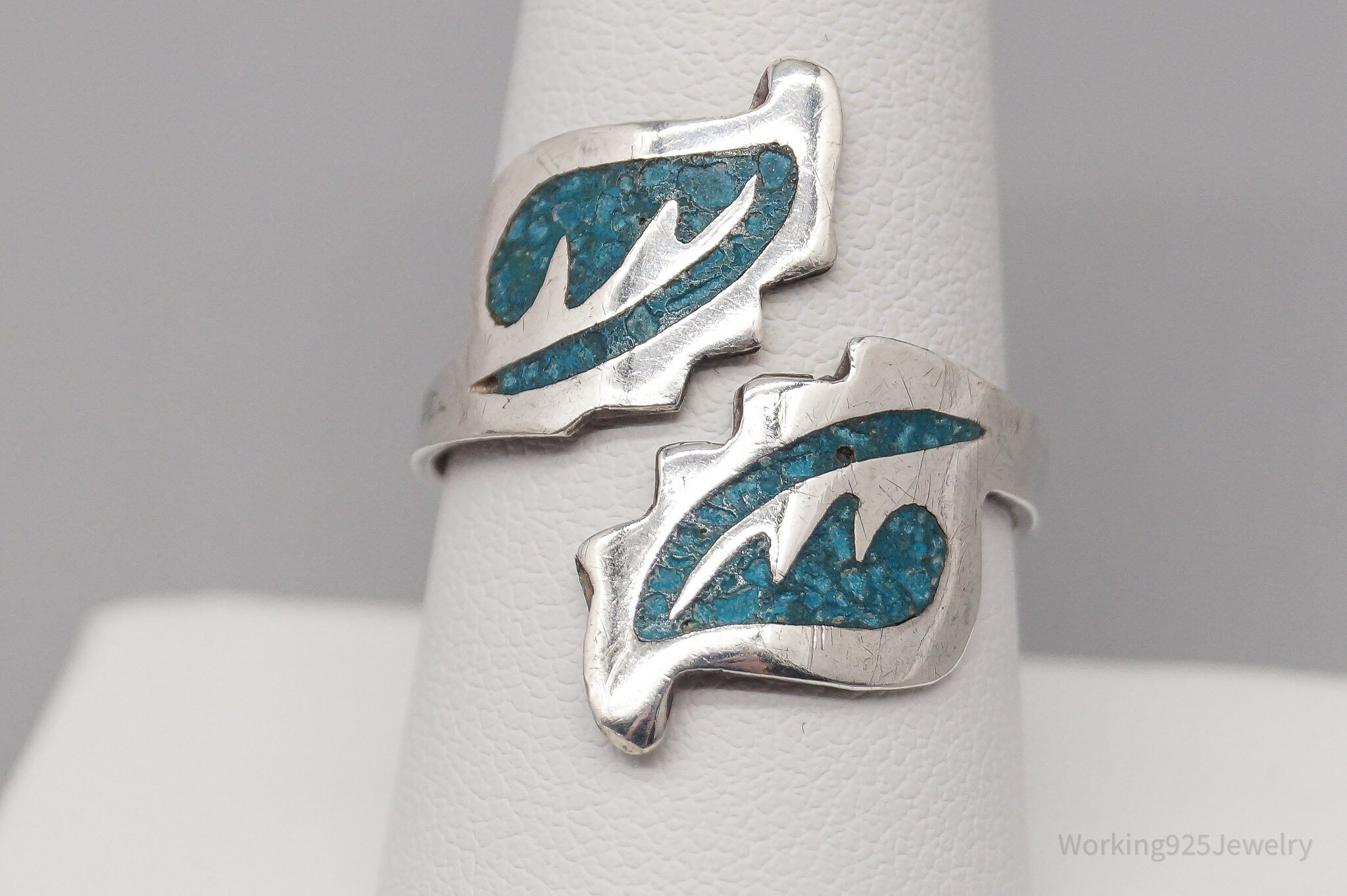 Vintage Mexican Turquoise Inlay Sterling Silver Ring - Size 9.5 Adjustable