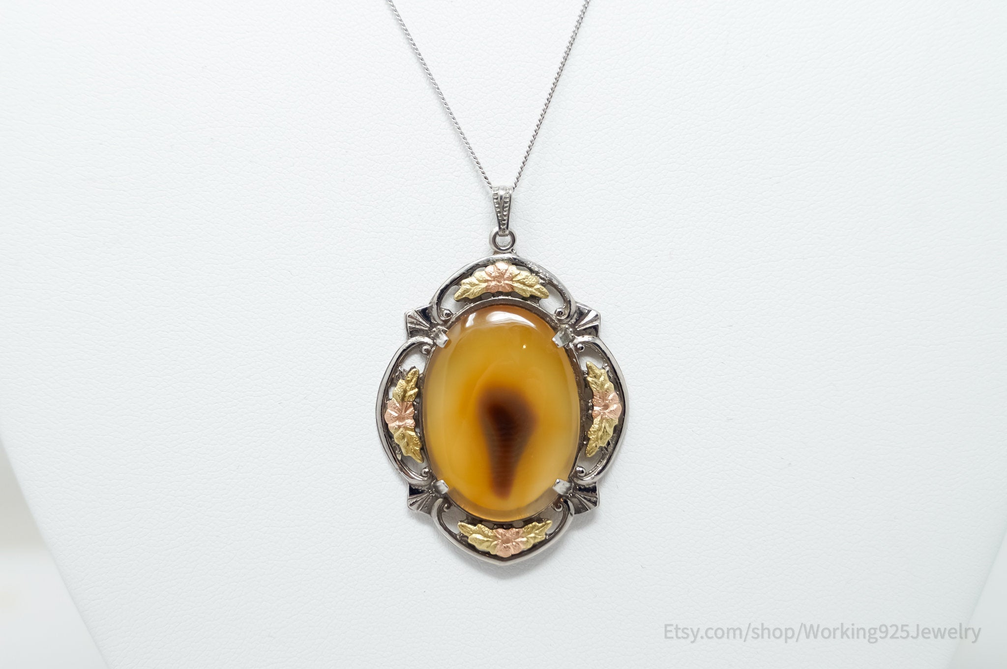 Vtg LSP Co Orange Lace Agate Black Hills 12k Gold Sterling Silver Pendant