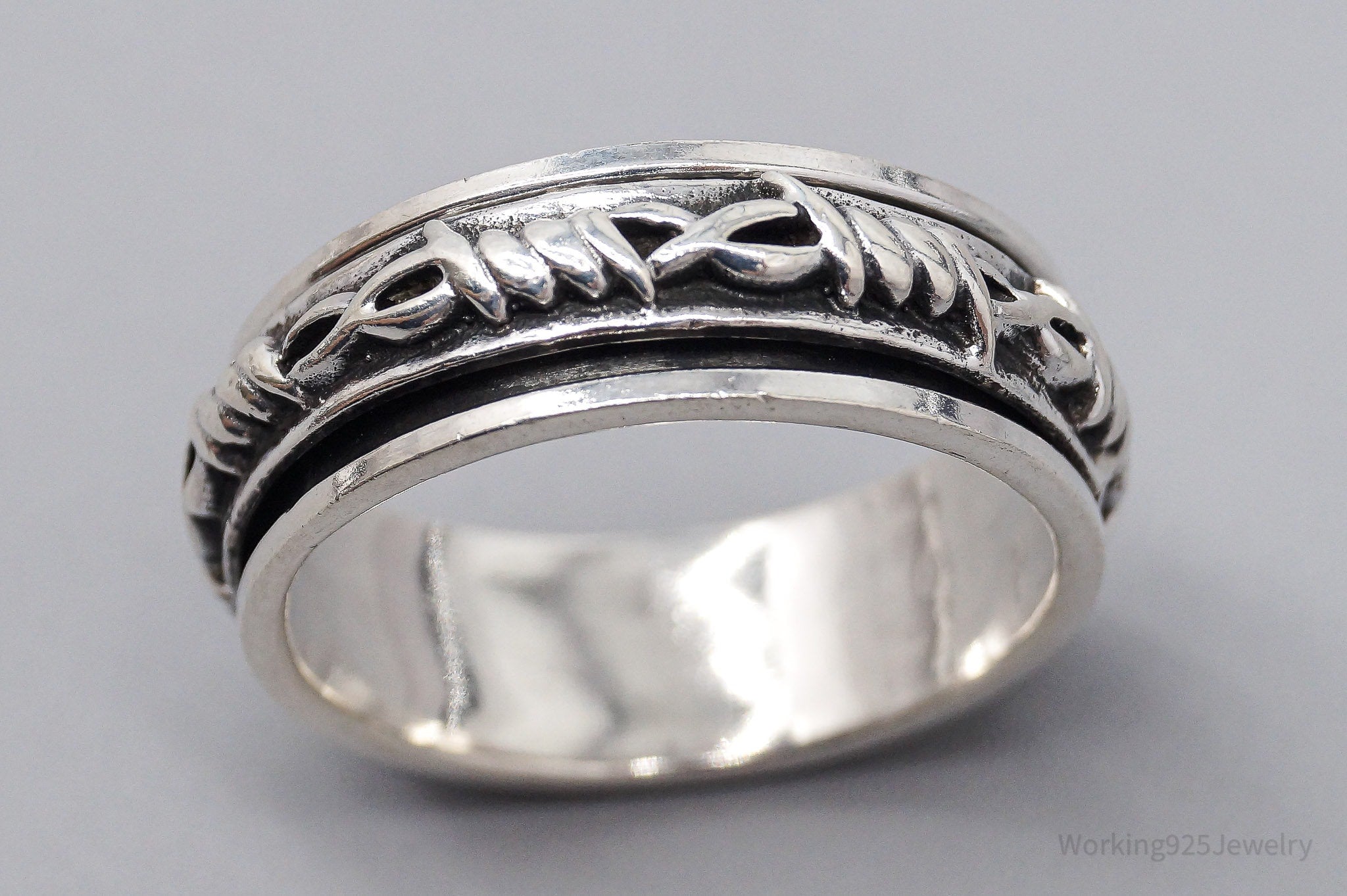 Vintage Barbed Wire Wrap Sterling Silver Spinner Band Ring - Size 13.75