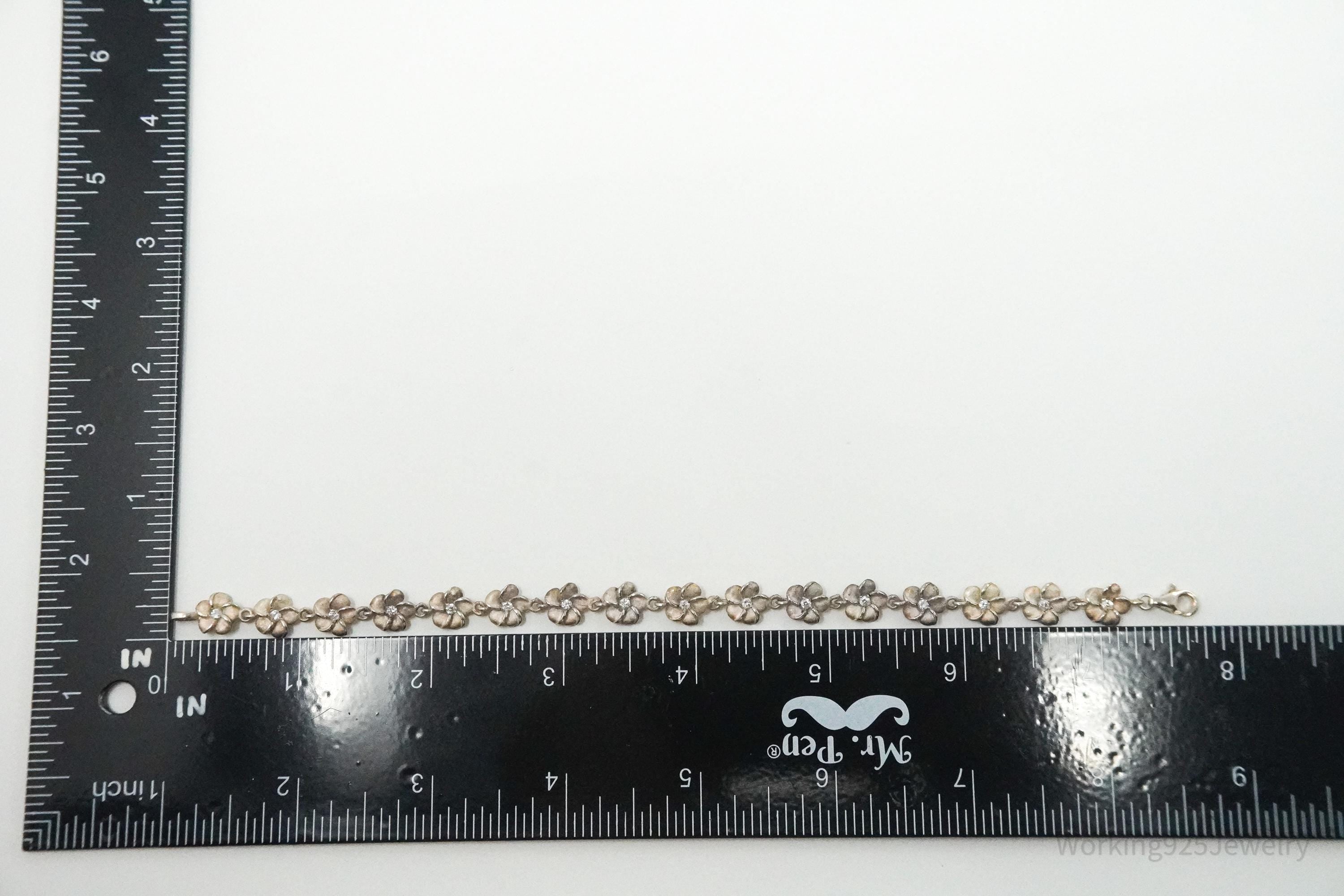 Vintage Cubic Zirconia Flowers Sterling Silver Bracelet 7 5/8"