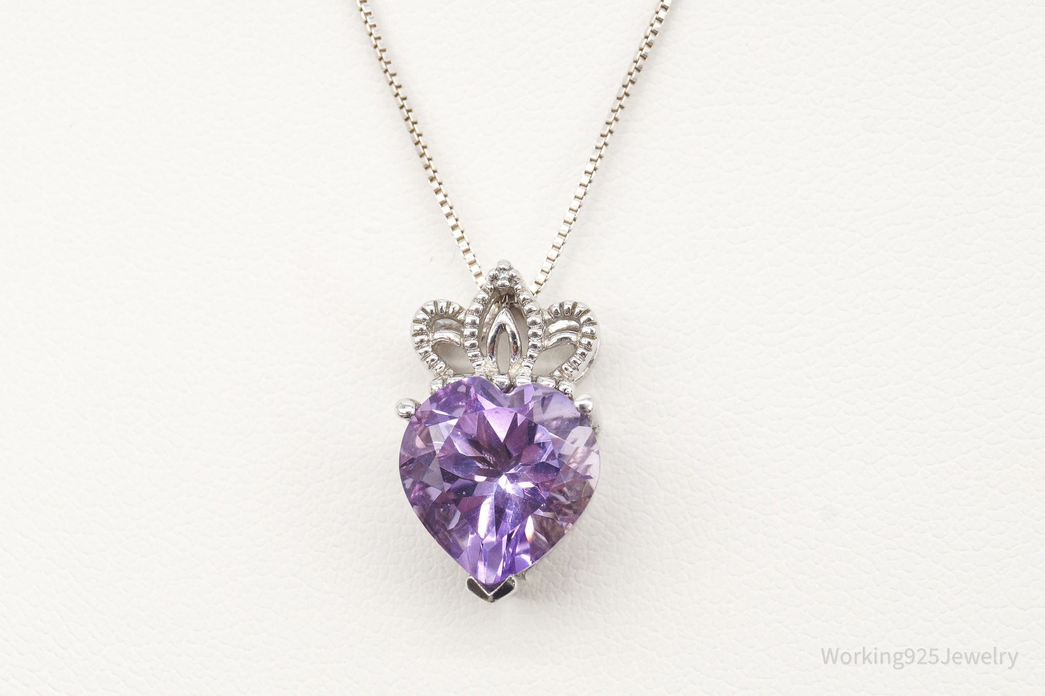 Vintage Purple Cubic Zirconia Crowned Heart Sterling Silver Necklace