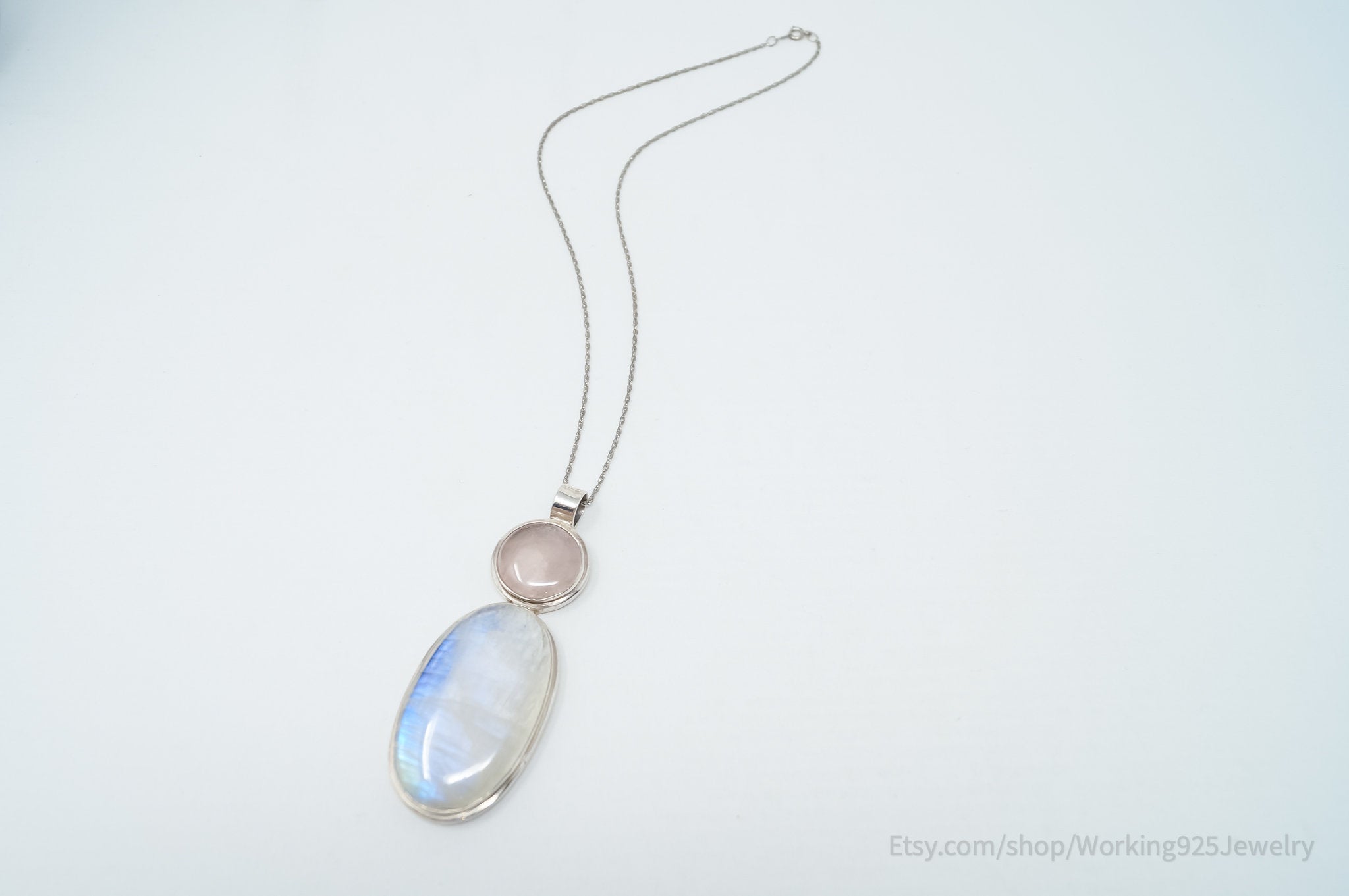 Vintage Large Moonstone Rose Quartz Sterling Silver Southwestern Necklace