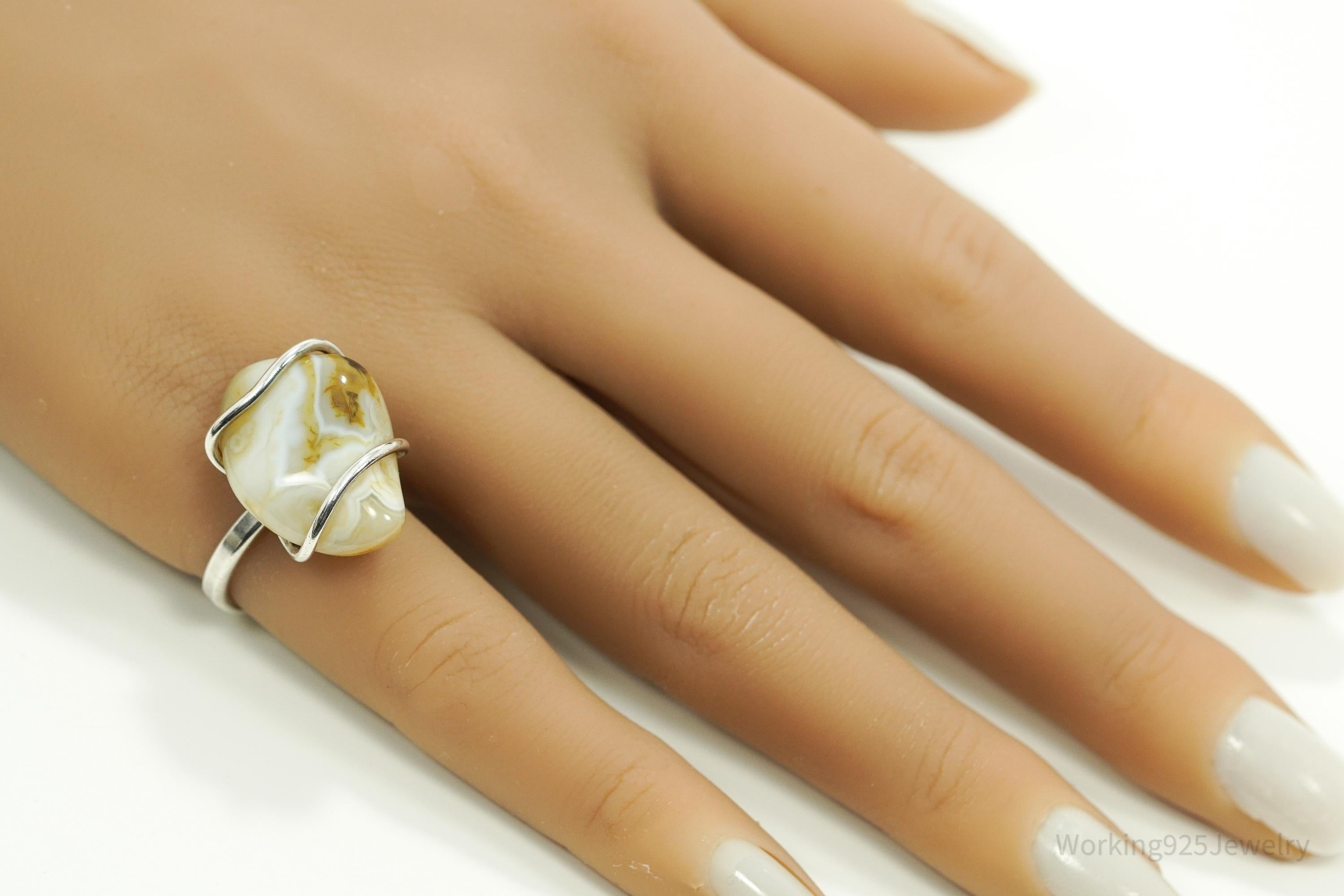 Vintage Lace Agate Silver Ring - Size 6